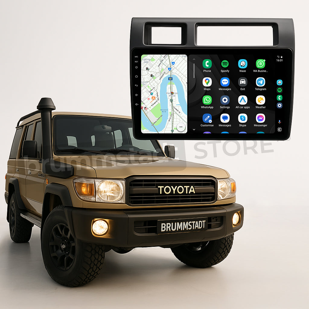 Brummstadt, Toyota Land Cruiser 70 Series 1984-2025, showcasing Android Auto interface, Toyota Land Cruiser 70 Series, featuring a high-resolution display with visible apps like Maps, Phone, Messages, and Spotify, user-friendly layout with clear app icons, seamless integration with vehicle's dashboard, enhancing driving experience with modern infotainment features, premium upgrade for Toyota enthusiasts.