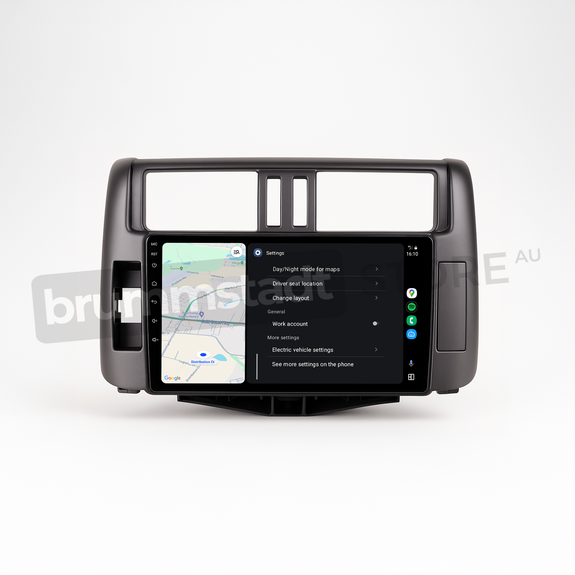 Brummstadt head unit for Toyota Prado 2009-2013, grey frame with touchscreen display, Android Auto interface showing Google Maps, settings menu, and app options, designed for navigation and connectivity in Toyota Prado vehicles.