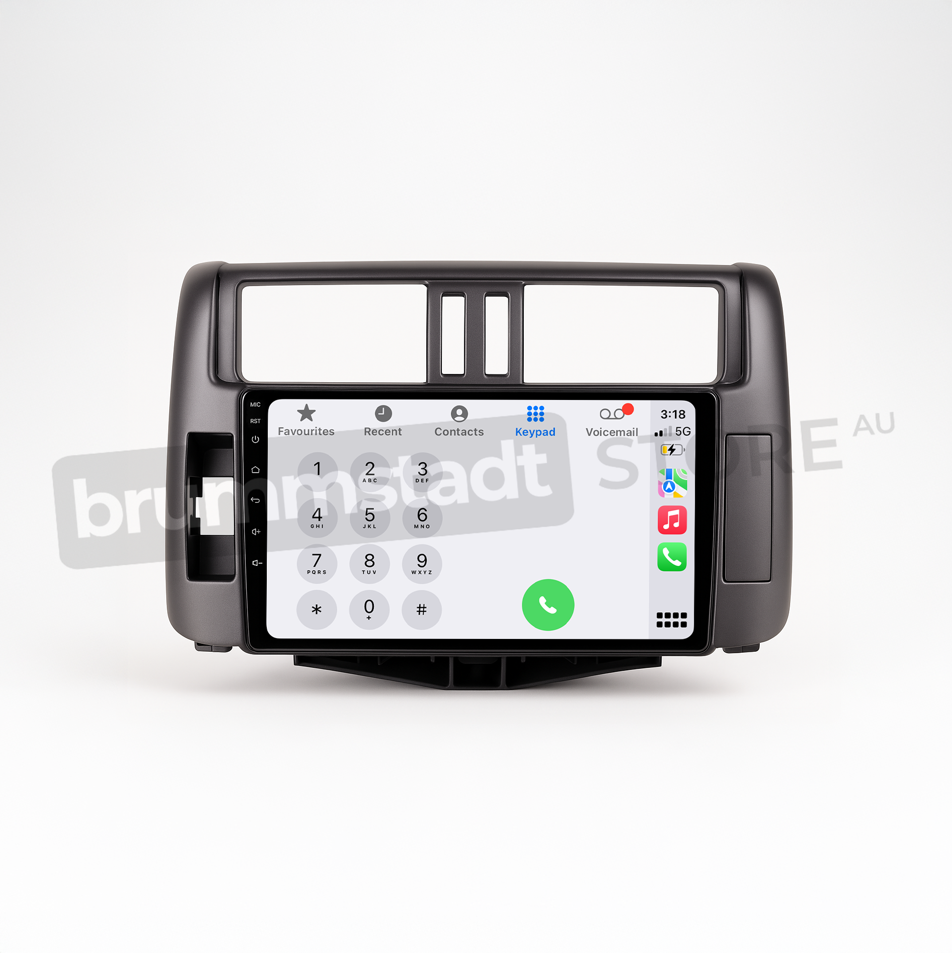 Brummstadt head unit for Toyota Prado 2009-2013, grey frame with a large touchscreen interface, displaying Apple CarPlay with recognizable apps such as Phone, Messages, and a Keypad for dialing. The interface enhances connectivity and navigation options, making it ideal for Toyota Prado 2009-2013 users.