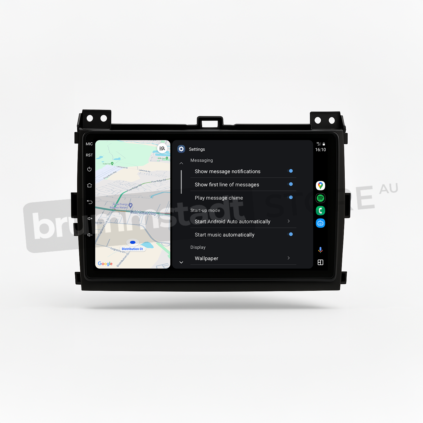 Brummstadt head unit for Toyota Prado 2003-2009, featuring a black frame and touchscreen interface, showing Android Auto with Google Maps, available options for settings, messaging notifications, and music playback, ideal for navigation and entertainment in Toyota Prado vehicles.