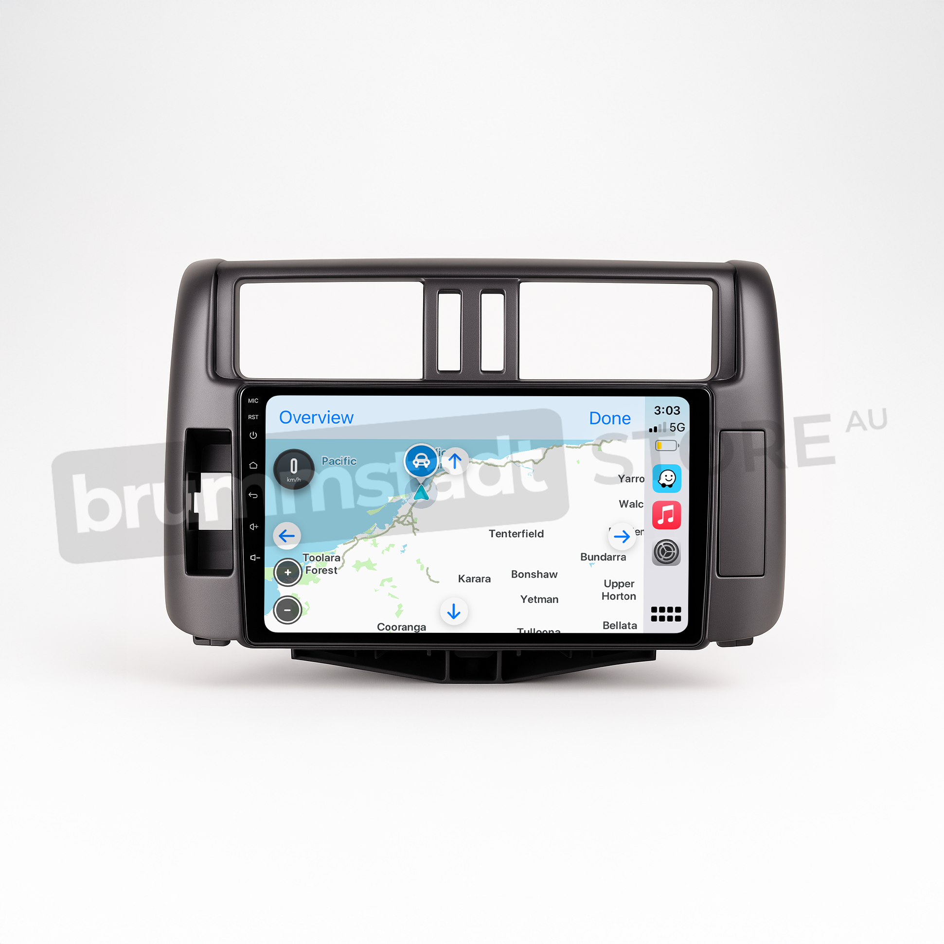 Brummstadt head unit for Toyota Prado 2009-2013, grey frame with capacitive touch buttons, Apple CarPlay interface displaying Google Maps, Waze, and messaging apps, touchscreen designed for navigation and communication upgrades in Toyota Prado vehicles.