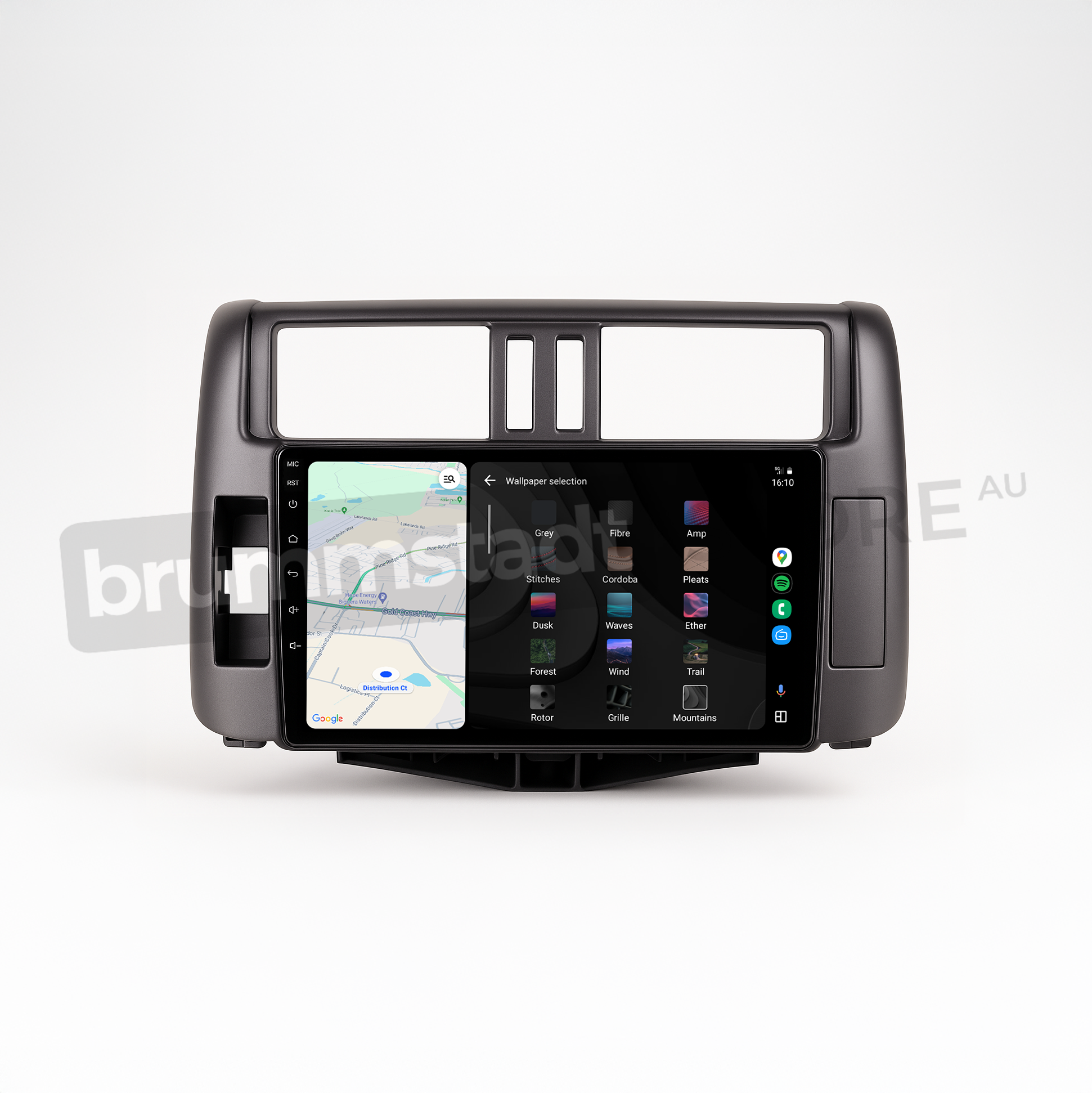 Brummstadt head unit for Toyota Prado 2009-2013, black housing with touchscreen, Apple CarPlay interface displaying Google Maps and various app icons, designed for improved navigation and communication in Toyota Prado vehicles.