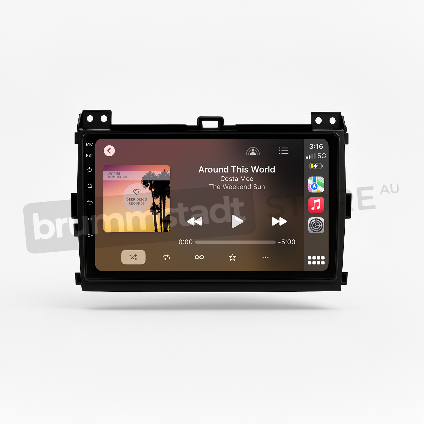 Brummstadt head unit for Toyota Prado 2003-2009, black frame with touchscreen, Apple CarPlay interface displaying music application with album art and controls, compatible with Australian maps, purpose-built for seamless integration in Toyota Prado vehicles.