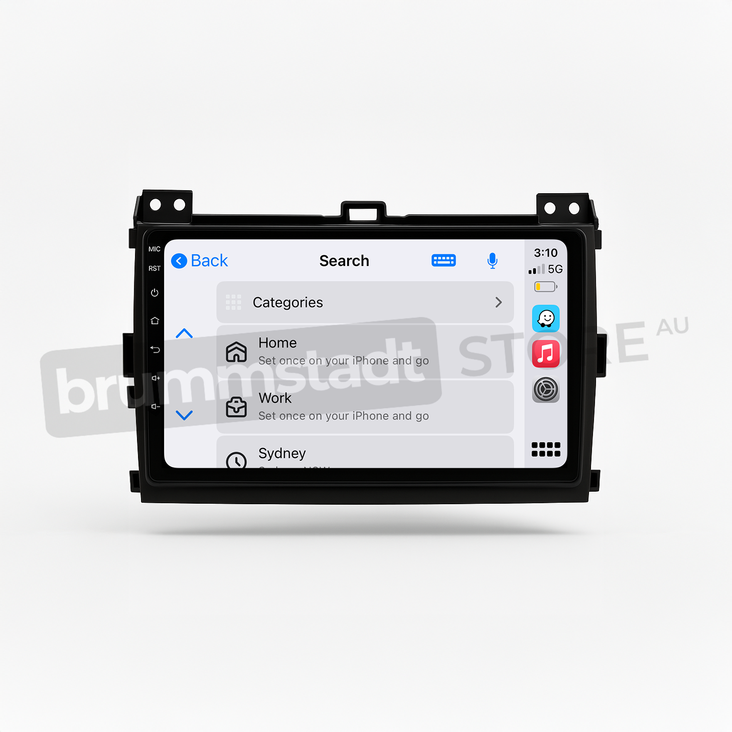 Brummstadt head unit for Toyota Prado 2003-2009, black frame with capacitive buttons, Apple CarPlay interface displaying Google Maps, Search categories, and location settings like Work and Sydney, touchscreen upgrade for navigation and communication apps in Toyota Prado.