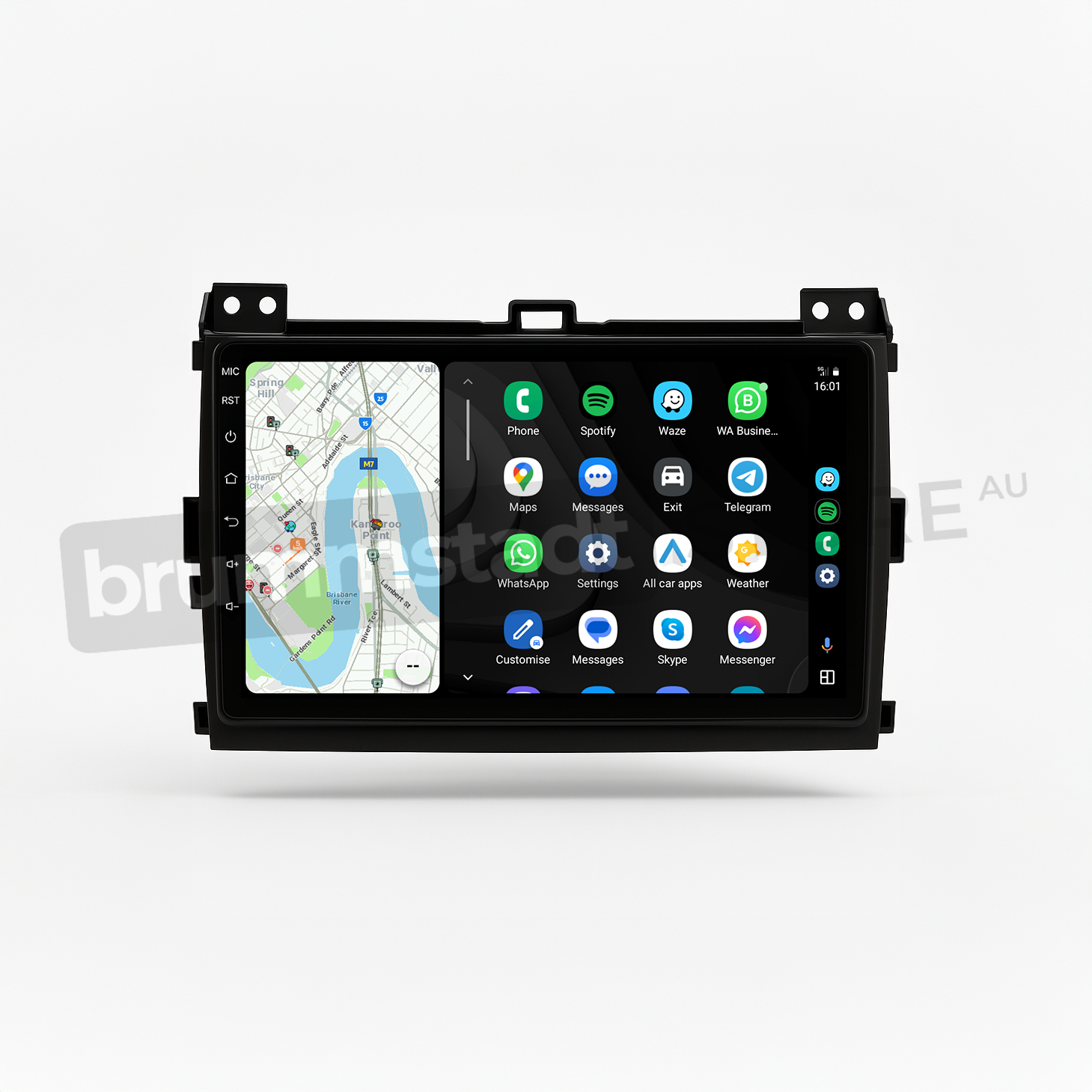 Brummstadt head unit for Toyota Prado 2003-2009, black frame, Apple CarPlay interface displaying Google Maps, WhatsApp, Waze, Telegram, Messenger apps, touchscreen upgrade for navigation and communication in Toyota Prado interiors.