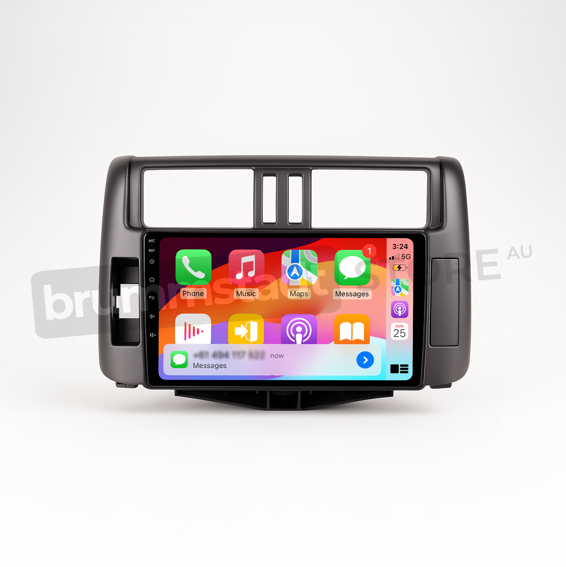 Brummstadt head unit for Toyota Prado 2009-2013, featuring a black frame with a touchscreen interface, Apple CarPlay displaying apps like Google Maps, Music, Messages, and Phone, providing enhanced navigation and communication in Toyota Prado vehicles.