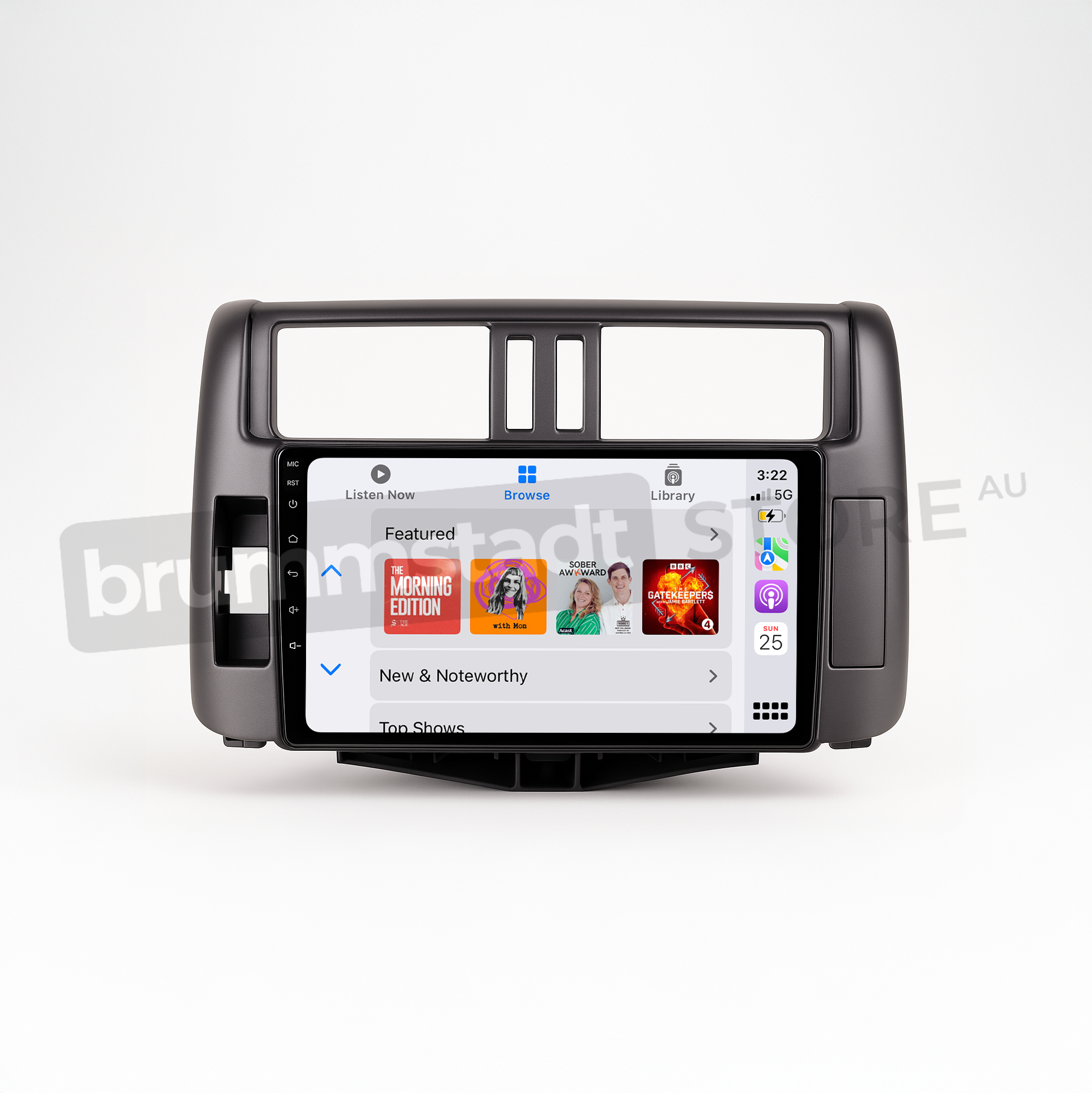 Brummstadt head unit for Toyota Prado 2009-2013, featuring a black frame, touchscreen interface displaying Apple CarPlay with apps like Google Maps and a music player, designed for navigation and media control in Toyota Prado vehicles.