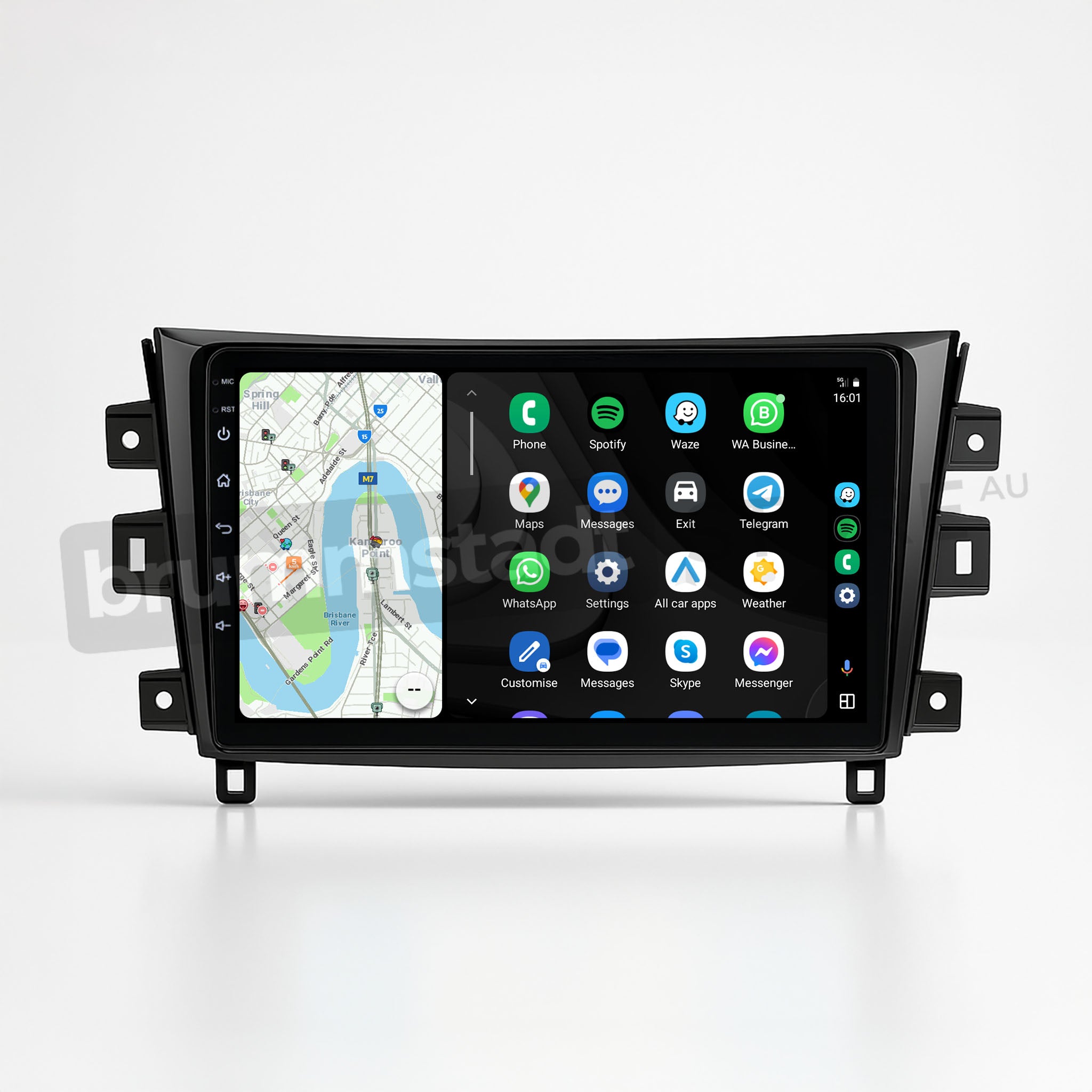 Brummstadt, Nissan Navara 2015, premium head unit displaying Android Auto interface, featuring Google Maps navigation on the left, app icons including Phone, Spotify, WhatsApp, Settings, and Weather on the right, time displayed as 16:01, battery and network indicators visible, sleek design, enhancing Nissan Navara 2015 infotainment with modern connectivity and user-friendly layout.