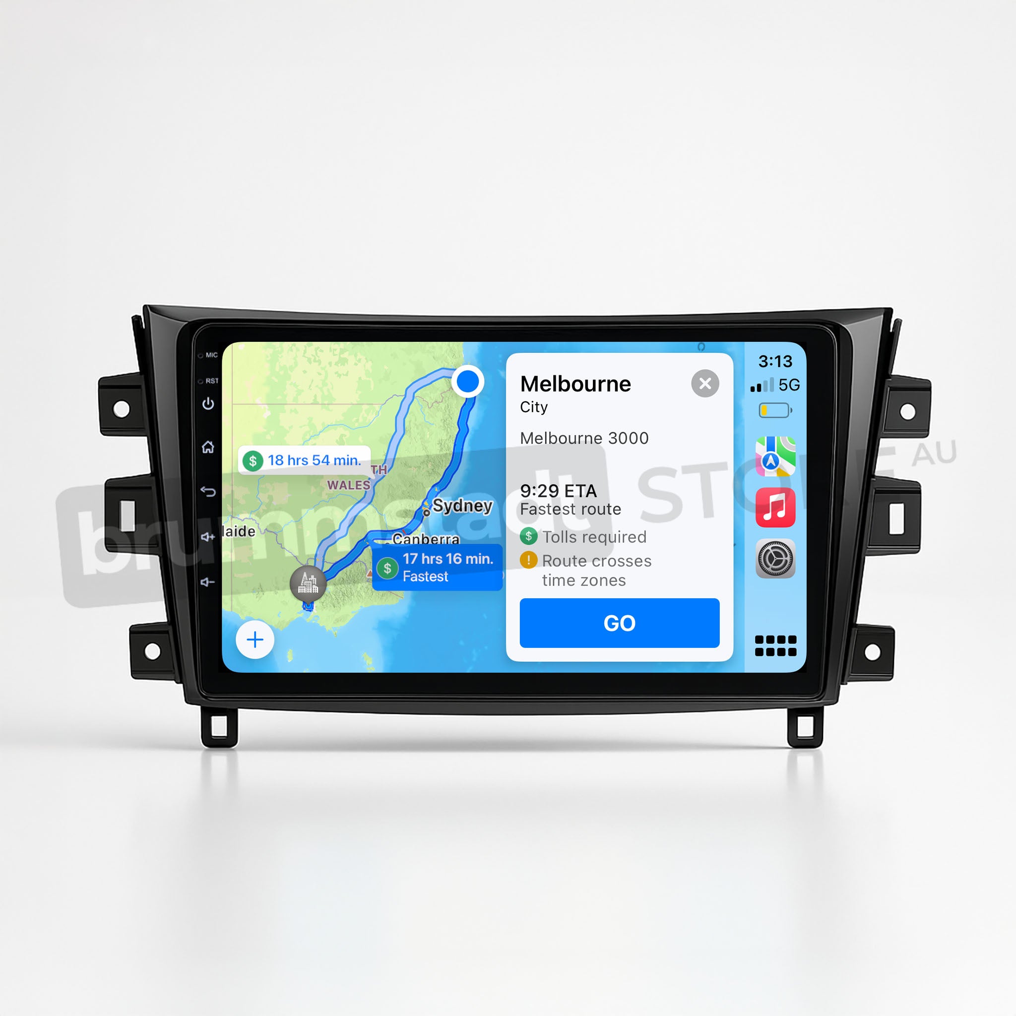 Brummstadt, Nissan Navara 2015, Apple CarPlay interface, displaying navigation route from Sydney to Melbourne, ETA 9:29, route crosses time zones, visible apps include Maps, time 3:13, 5G network, battery status full, Nissan Navara 2015, Brummstadt, sleek infotainment layout, user-friendly navigation, premium head unit upgrade, ideal for seamless connectivity and enhanced driving experience.