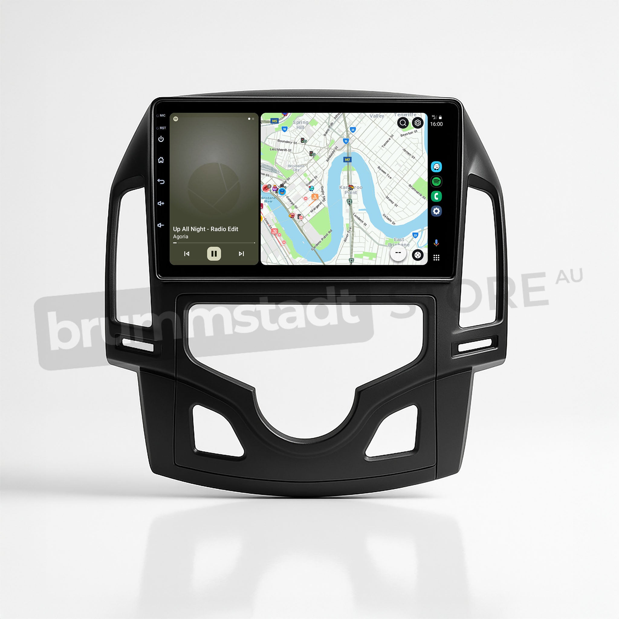 Brummstadt, Hyundai i30 2007-2012, premium head unit with Apple CarPlay, Hyundai i30 2007-2012, featuring a large touchscreen display. The interface shows Apple CarPlay with a split-screen view: Apple Maps on the right displaying a city map, and a music app on the left playing "Up All Night - Radio Edit" by Kipla. The design is sleek, with minimalistic icons and easy navigation, ideal for enhancing driving experience.