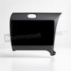 Brummstadt, Kia Cerato 2013-2018, premium head unit upgrade kit, featuring a sleek radio infotainment system, compatible with both wired and wireless Apple CarPlay. The display showcases a minimalist design with touch-sensitive icons on the left side, including home, back, and menu buttons. The unit is designed to fit seamlessly into the dashboard, enhancing the user experience with intuitive navigation and connectivity options.