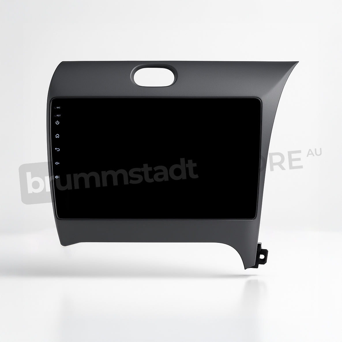 Brummstadt, Kia Cerato 2013-2018, premium head unit upgrade kit, featuring a sleek radio infotainment system, compatible with both wired and wireless Apple CarPlay. The display showcases a minimalist design with touch-sensitive icons on the left side, including home, back, and menu buttons. The unit is designed to fit seamlessly into the dashboard, enhancing the user experience with intuitive navigation and connectivity options.