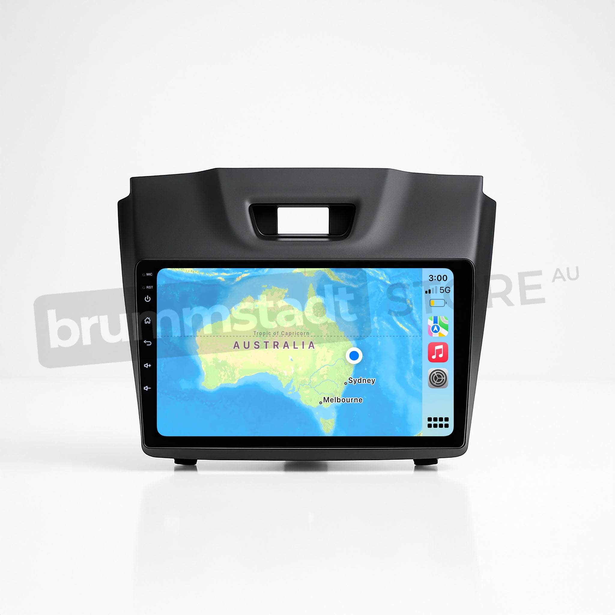 Brummstadt, Isuzu D-Max 2012-2020, featuring Apple CarPlay interface, Isuzu D-Max 2012-2020, displaying a detailed map of Australia with cities like Sydney and Melbourne marked, app icons for Maps, Music, and Home visible, sleek black frame design, user-friendly layout, vibrant touchscreen display, ideal for navigation and entertainment, enhancing driving experience with seamless Apple CarPlay integration.
