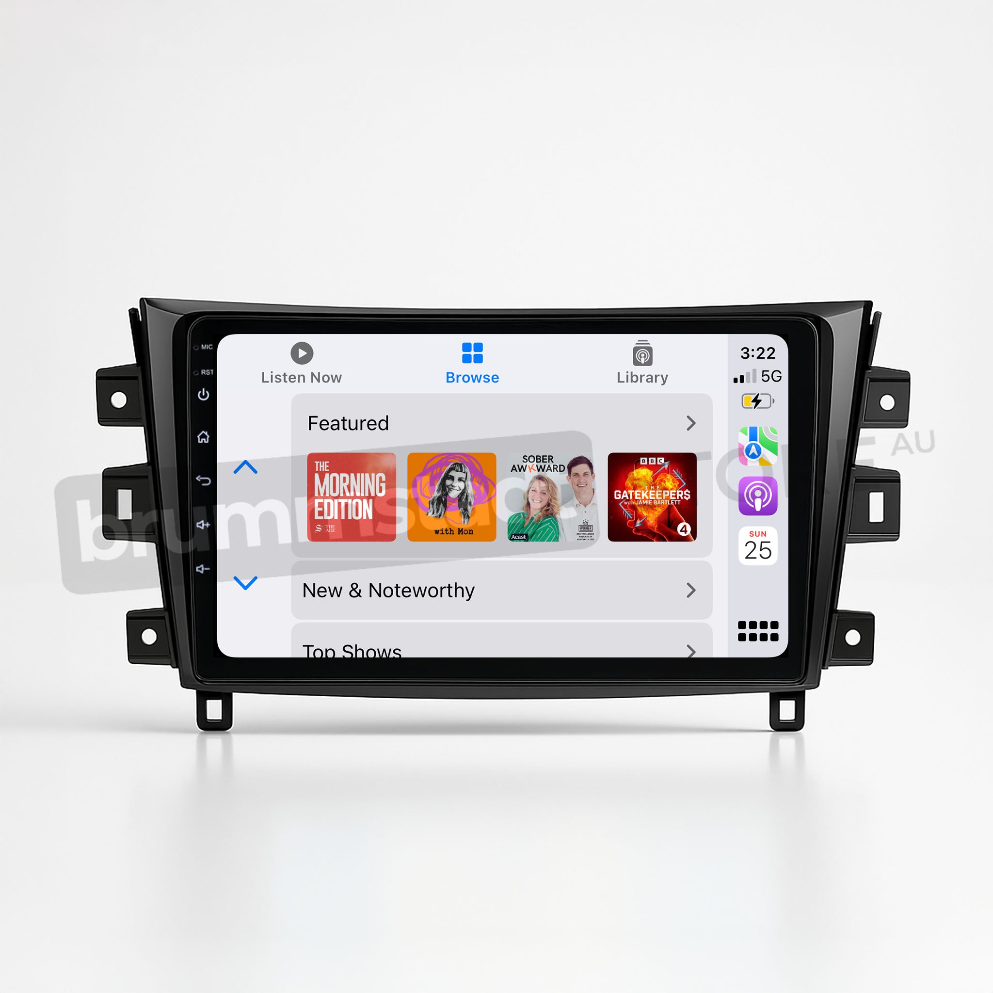 Brummstadt, Nissan Navara 2015-2020, premium head unit with Apple CarPlay, Nissan Navara 2015-2020, displaying Apple Podcasts app, featured shows, new & noteworthy section, top shows, time 3:22, battery level 56%, Wi-Fi signal, date Apr 25, sleek black interface, intuitive touch controls, enhancing driving experience with seamless smartphone integration, user-friendly layout, vibrant display.