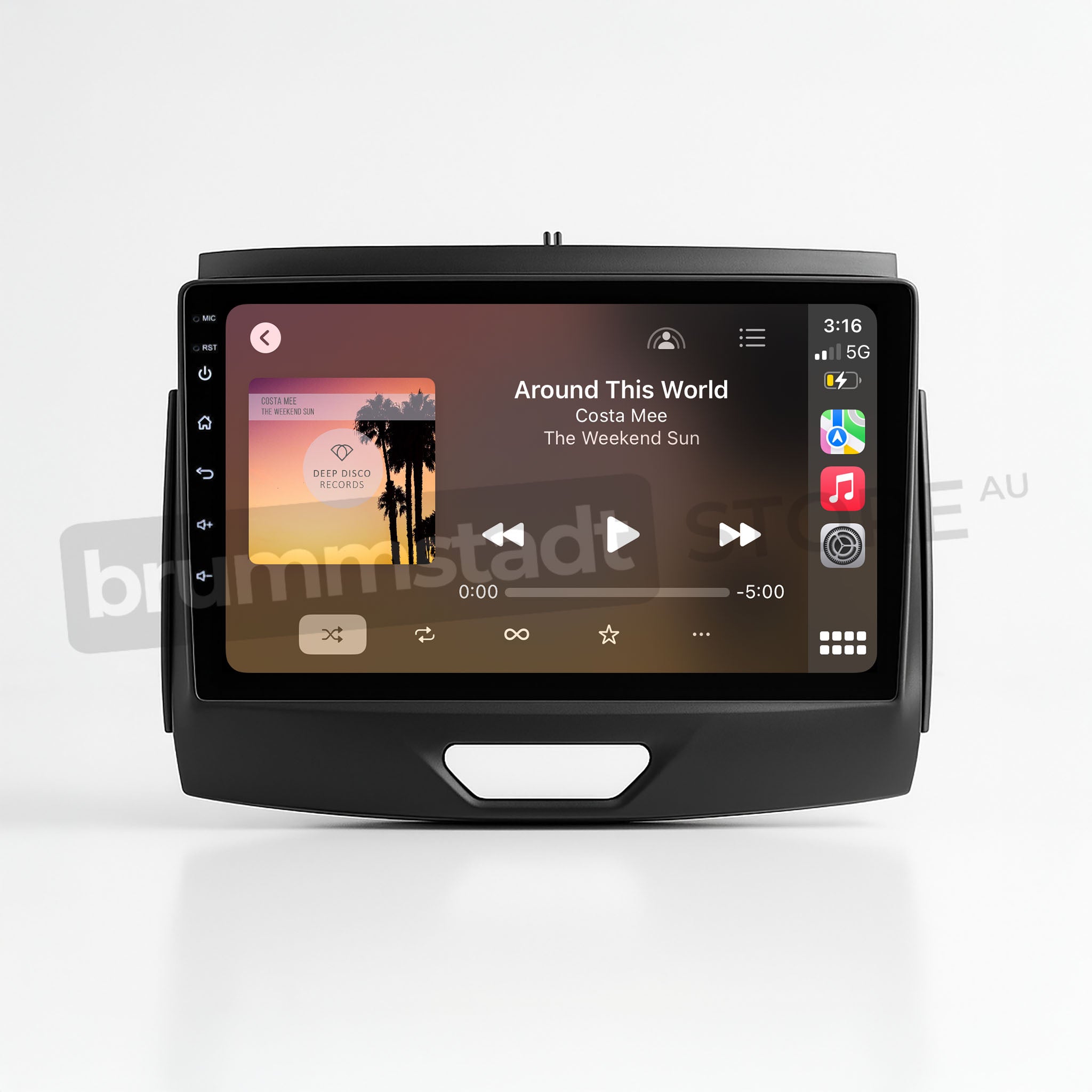 Brummstadt, Ford Ranger 2015-2022, premium head unit displaying Apple CarPlay interface, Ford Ranger 2015-2022, featuring music app with song "Around This World" by The Weekend Sun, album art, play controls, time 3:16, battery icon, Wi-Fi signal, and app icons for phone, music, maps, and messages, highlighting seamless integration and user-friendly layout for enhanced driving experience.