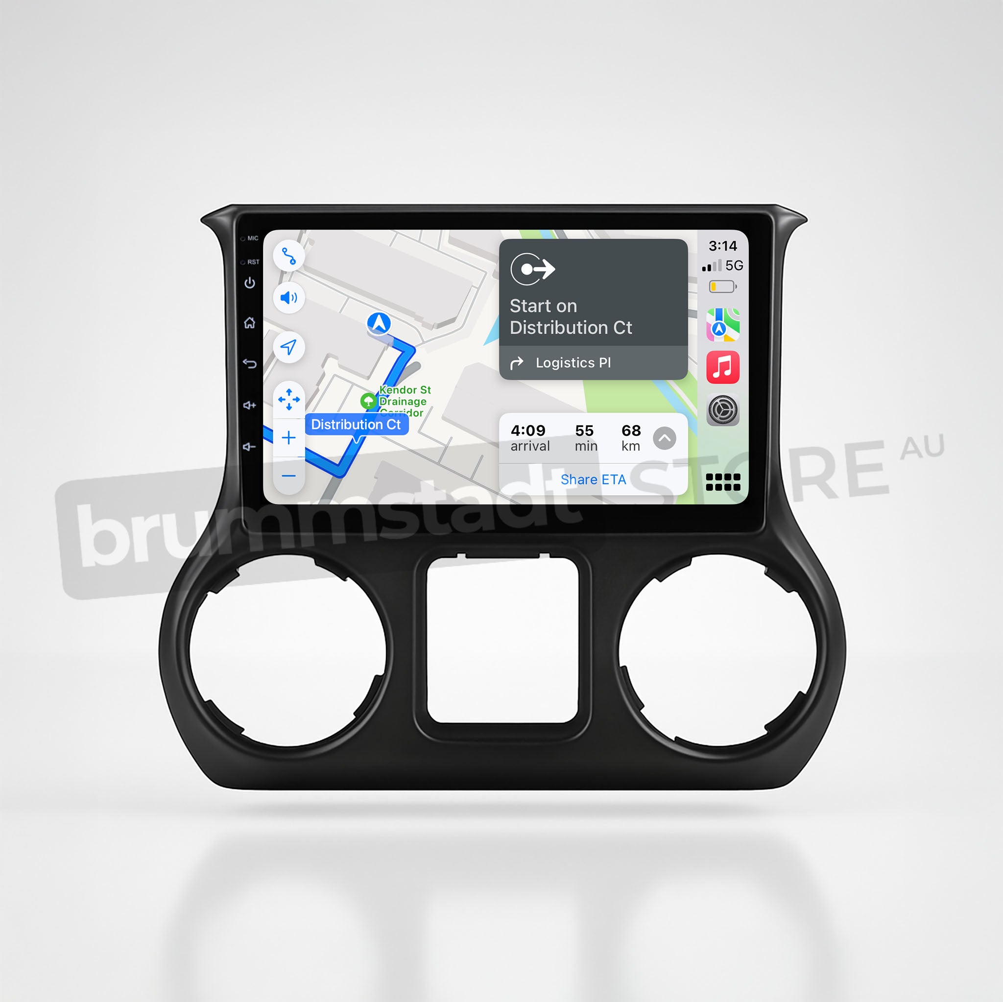Brummstadt, Jeep Wrangler 2015-2019, premium head unit displaying Apple CarPlay interface, Jeep Wrangler 2015-2019, featuring Maps app with navigation route, estimated arrival time, and share ETA option. Visible icons include phone signal strength, Wi-Fi, battery level, and time. Notable for its sleek design and user-friendly layout, enhancing driving experience with seamless smartphone integration.