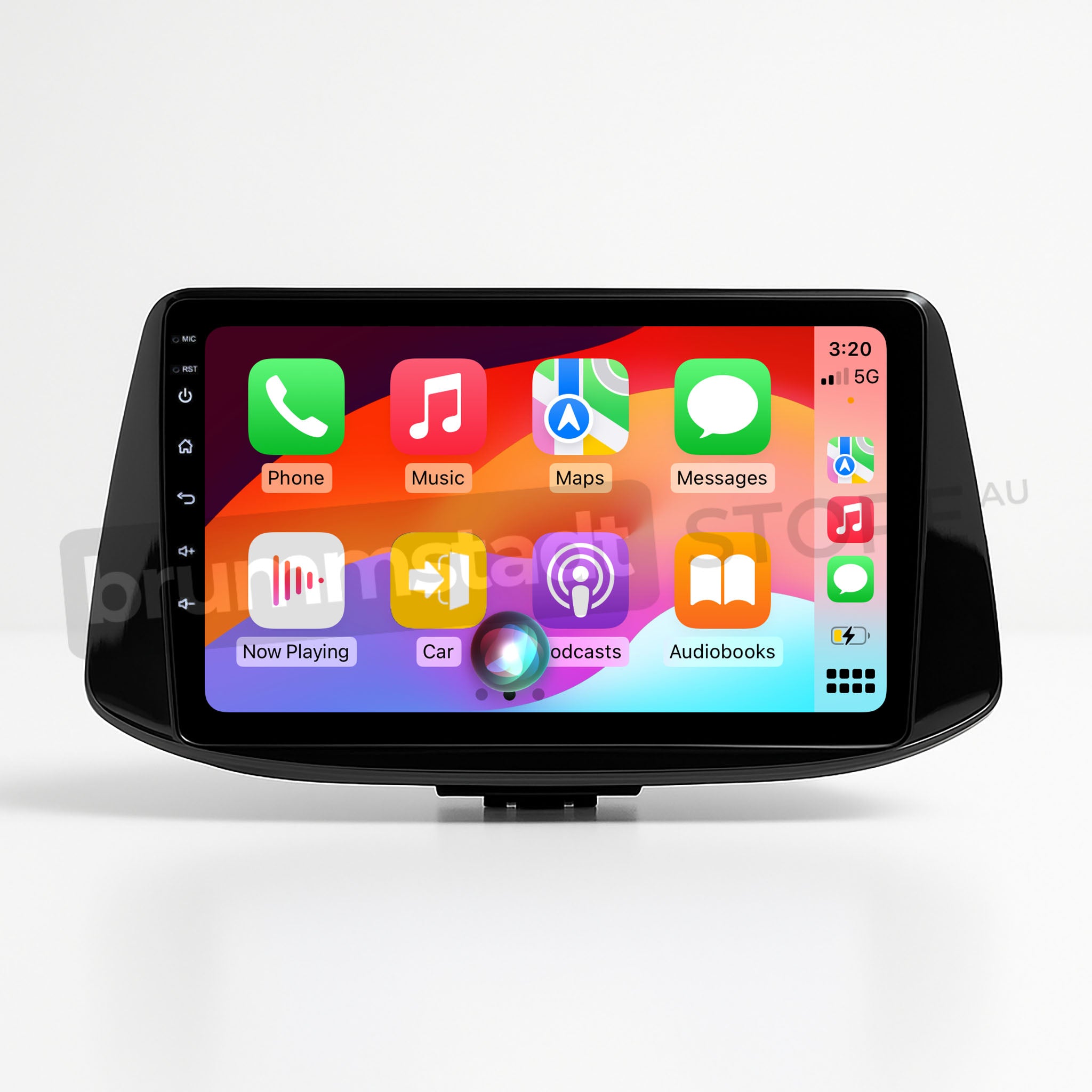 Brummstadt, Hyundai i30 2017-2022, featuring Apple CarPlay interface, Hyundai i30 2017-2022, displaying apps like Phone, Music, Maps, Messages, Now Playing, Car, Podcasts, Audiobooks, with vibrant iconography on a sleek touchscreen. Top-right corner shows time 3:20, 5G network, full battery. User-friendly layout, enhancing driving experience with seamless app integration and intuitive navigation.