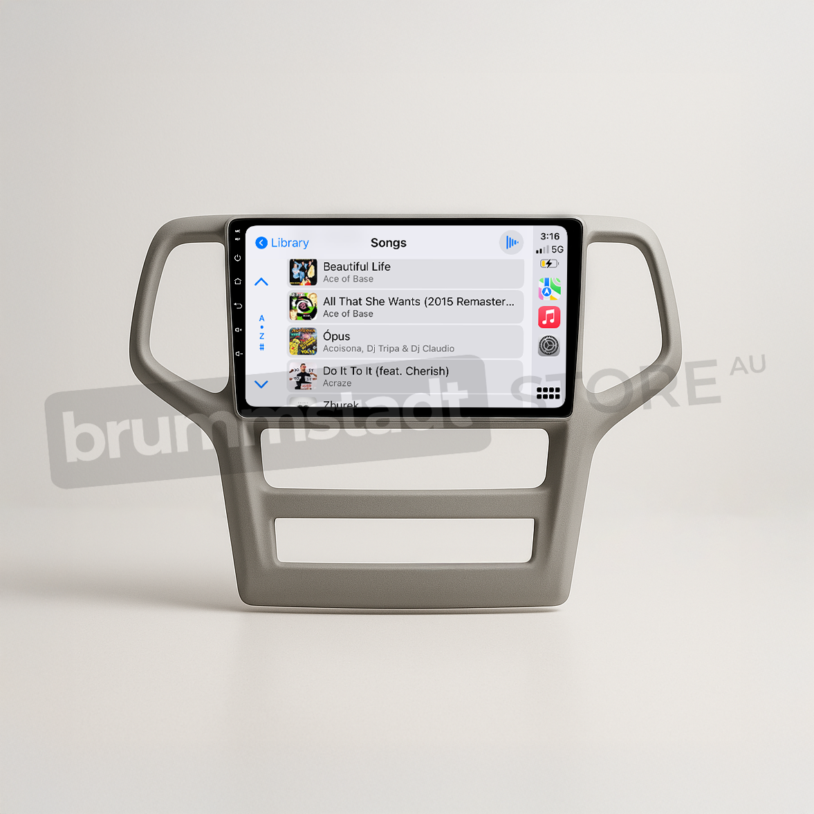 Brummstadt head unit for Jeep Grand Cherokee 2008-2013, gray frame with capacitive buttons, Apple CarPlay interface displaying song library with recognizable song titles and artist information, touchscreen design for connectivity and entertainment in Jeep Grand Cherokee vehicles.