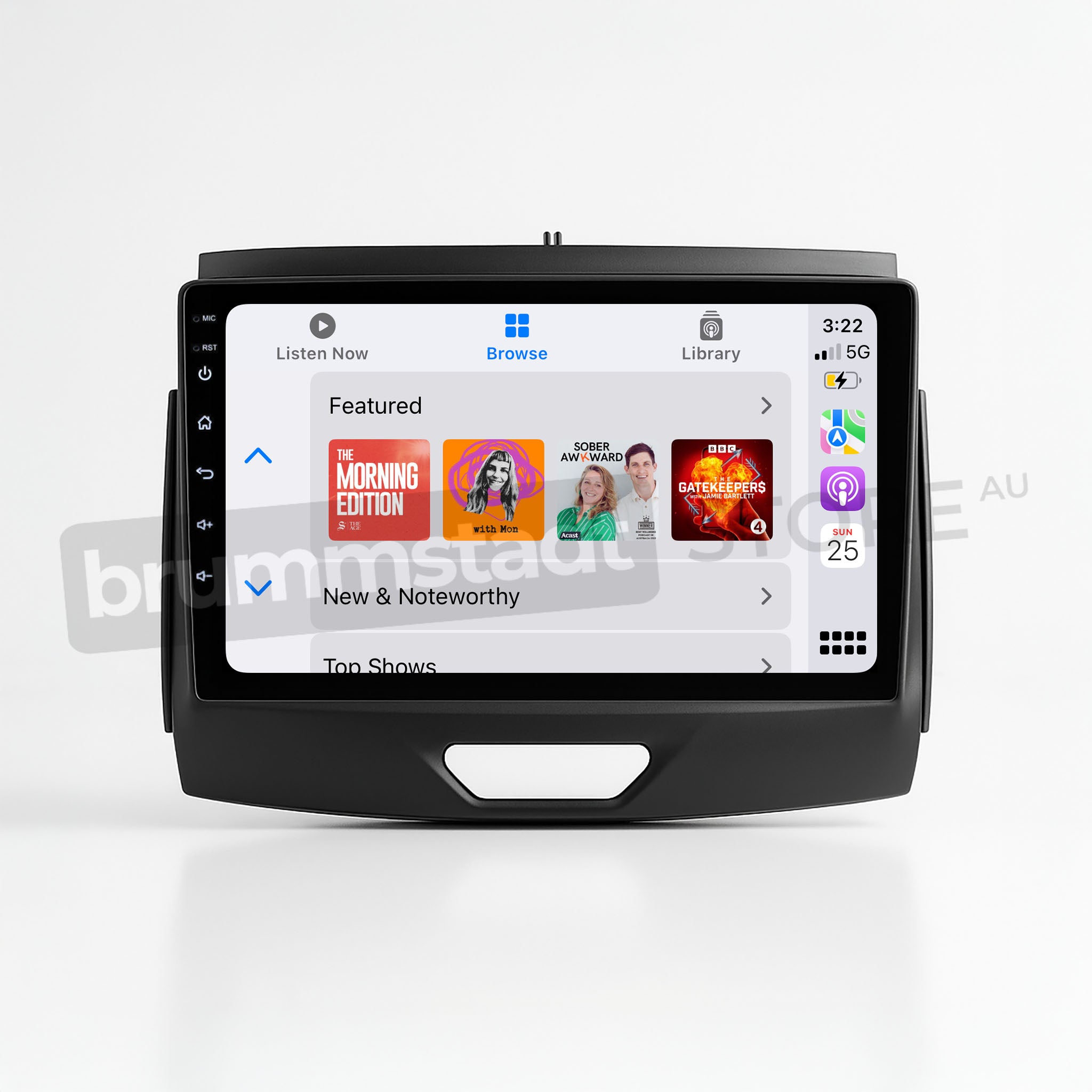 Brummstadt, Ford Ranger 2015-2022, Ford Ranger 2015-2022, Apple CarPlay interface, displaying Apple Music app with featured playlists, time 3:22, 5G network, full battery icon, home button, browse and library tabs, user-friendly interface, sleek design, premium infotainment system, enhancing driving experience with seamless Apple CarPlay integration.