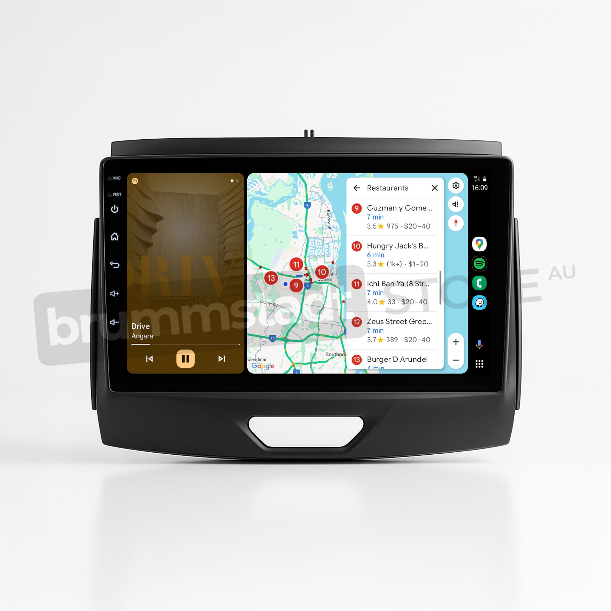 Brummstadt, Ford Ranger 2015-2022, premium head unit displaying Apple CarPlay interface, featuring split-screen view with music app on left and Maps app with restaurant pins on right, time 16:09, signal and battery icons top right, sleek black frame, Ford Ranger 2015-2022, Brummstadt, user-friendly layout, seamless integration, ideal for navigation and entertainment, enhancing driving experience.