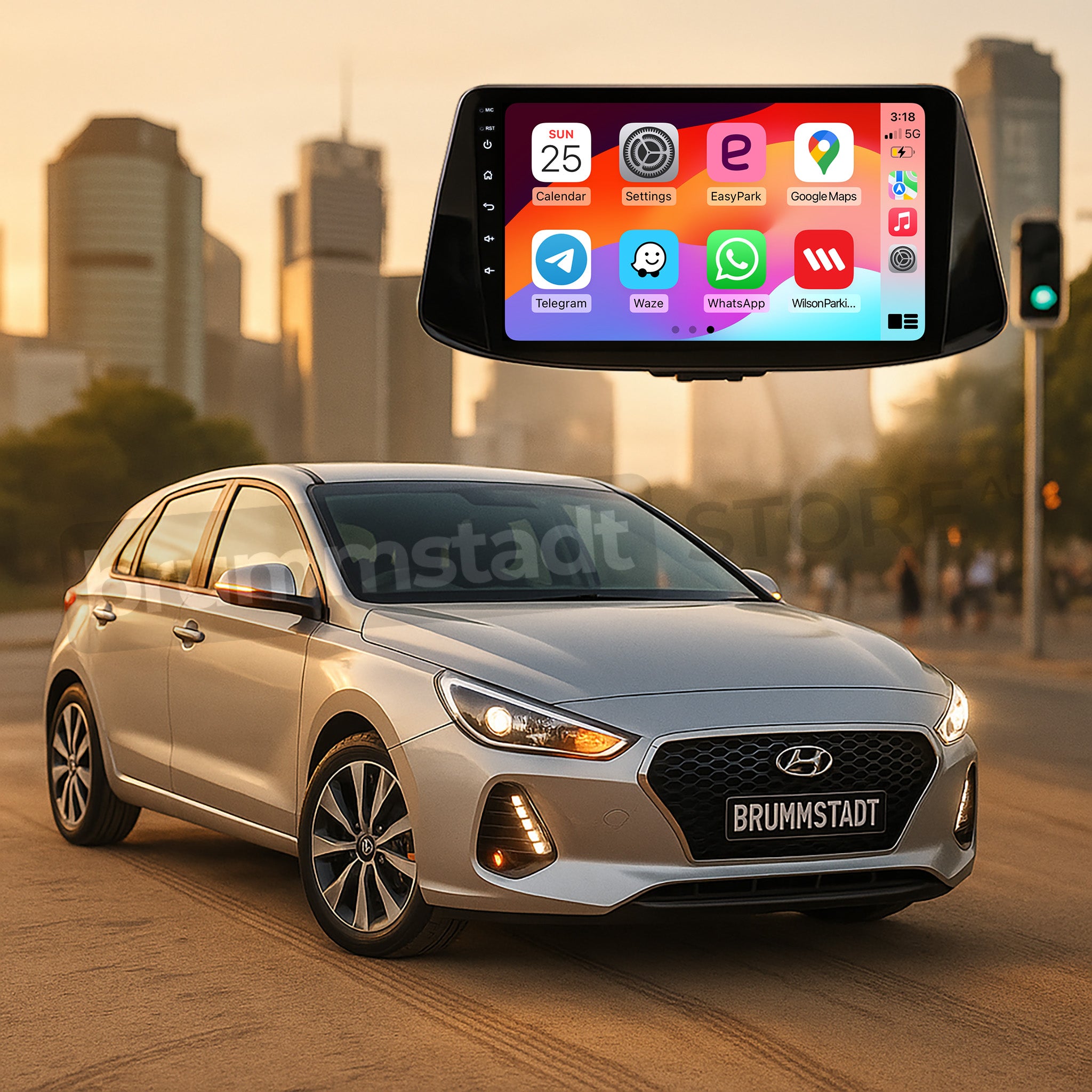 Brummstadt, Hyundai i30 2017-2022, showcasing a premium head unit with Apple CarPlay interface, featuring apps like Maps, Spotify, WhatsApp, and Google Maps. The display shows the date, time, and various app icons in a grid layout. Hyundai i30 2017-2022, with a focus on user-friendly navigation and connectivity options, highlighting the seamless integration of Apple CarPlay for enhanced driving experience.
