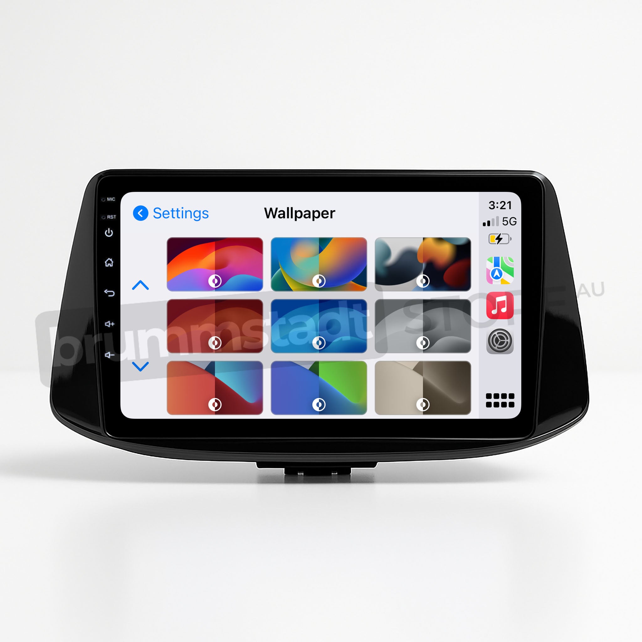 Brummstadt, Hyundai i30 2017-2022, Hyundai i30 head unit displaying Apple CarPlay interface, featuring app icons for settings, wallpaper customization, and various color themes. Time displayed as 3:21, with 5G network signal and battery status visible. User-friendly layout with intuitive navigation, enhancing driving experience with seamless Apple CarPlay integration, Brummstadt premium upgrade.