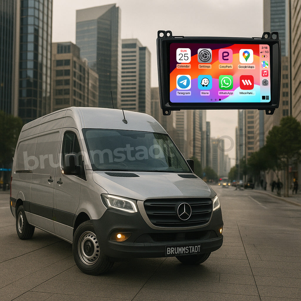 Brummstadt, Mercedes Benz Sprinter 2007-2018, featuring Apple CarPlay interface, Mercedes Benz Sprinter dashboard with visible apps including Calendar, Settings, Google Maps, Music, and VideoPlayer, vibrant icons, clear layout, time displayed as 9:26, signal strength, and battery status, user-friendly design, enhancing driving experience with seamless smartphone integration.