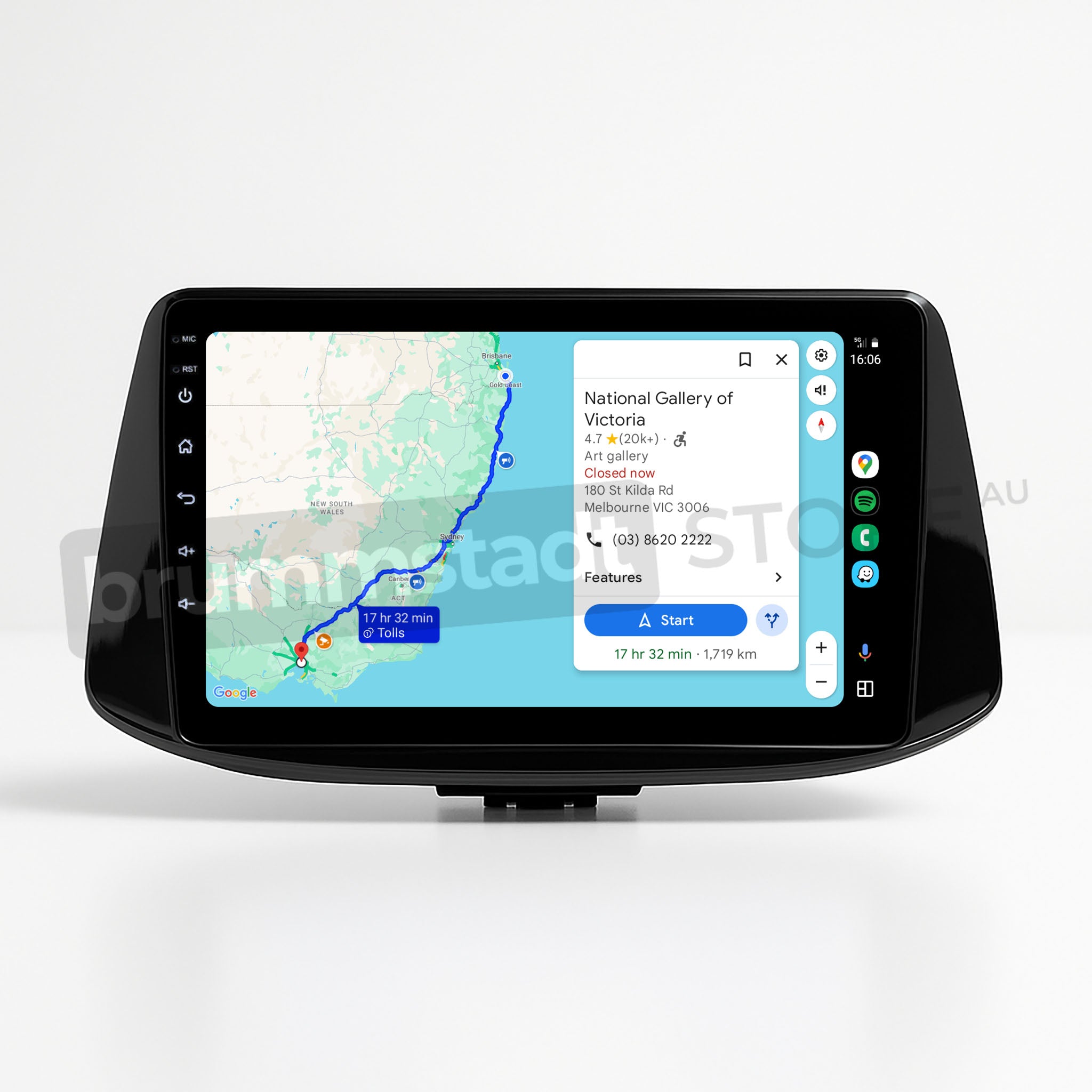 Brummstadt, Hyundai i30 2017-2022, Hyundai i30 head unit displaying Android Auto interface, featuring Google Maps with route to National Gallery of Victoria, estimated travel time, distance, tolls, and start button; visible apps include phone, messages, music; sleek design with touch controls, enhancing user experience with real-time navigation and connectivity options.