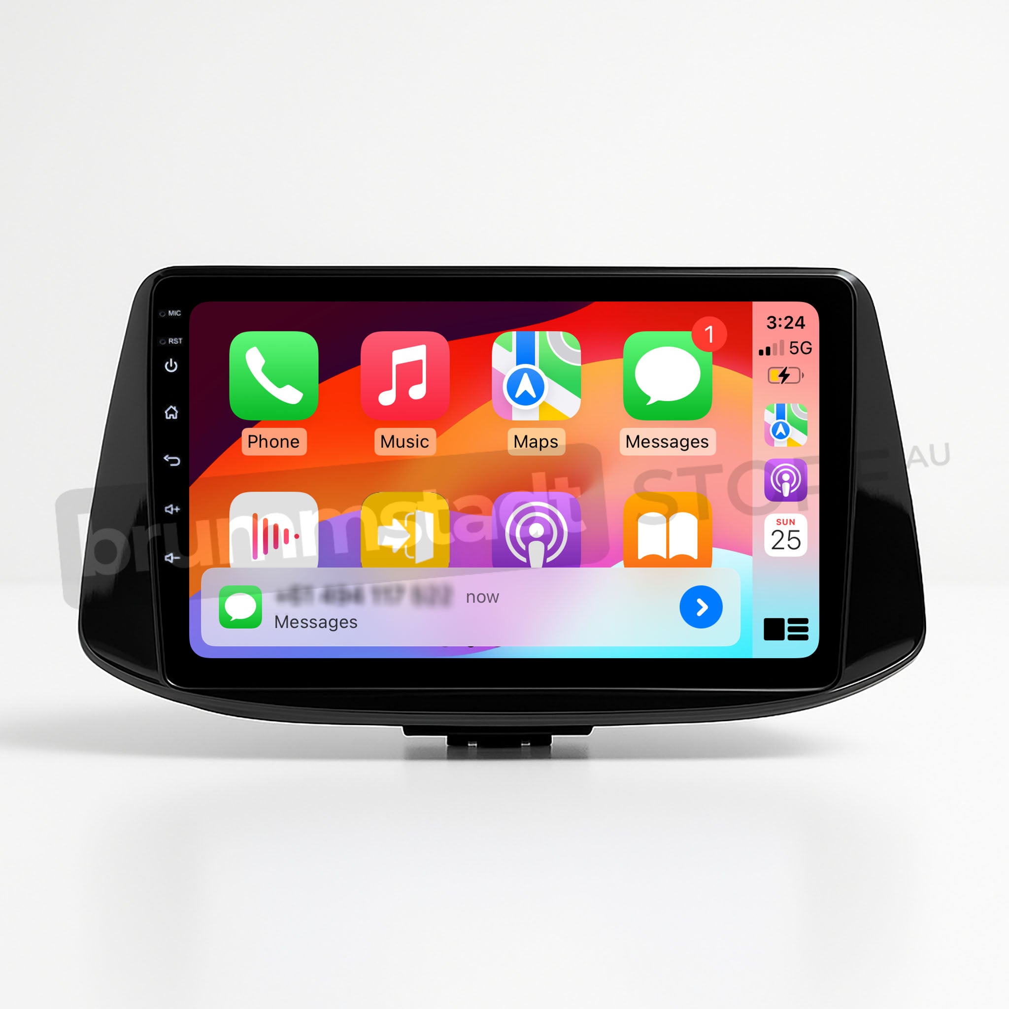 Brummstadt, Hyundai i30 2017-2022, Apple CarPlay interface, Hyundai i30 2017-2022, displaying Phone, Music, Maps, Messages apps, vibrant icon layout, 3:24 PM time display, 5G network indicator, battery status, intuitive navigation, seamless connectivity, user-friendly interface, premium infotainment experience, enhancing driving convenience, Brummstadt.
