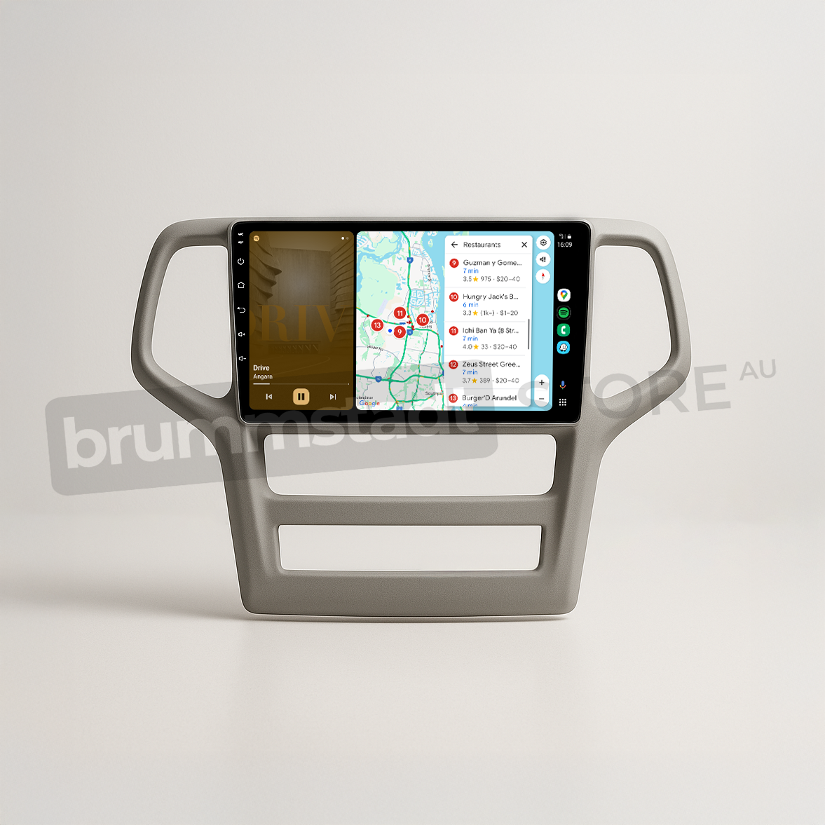 Brummstadt head unit for Jeep Grand Cherokee 2008-2013, grey frame with a large touchscreen, Apple CarPlay interface showing Google Maps, displaying navigation options, and easy access to other apps, designed for seamless integration in the Jeep Grand Cherokee for enhanced infotainment experiences.