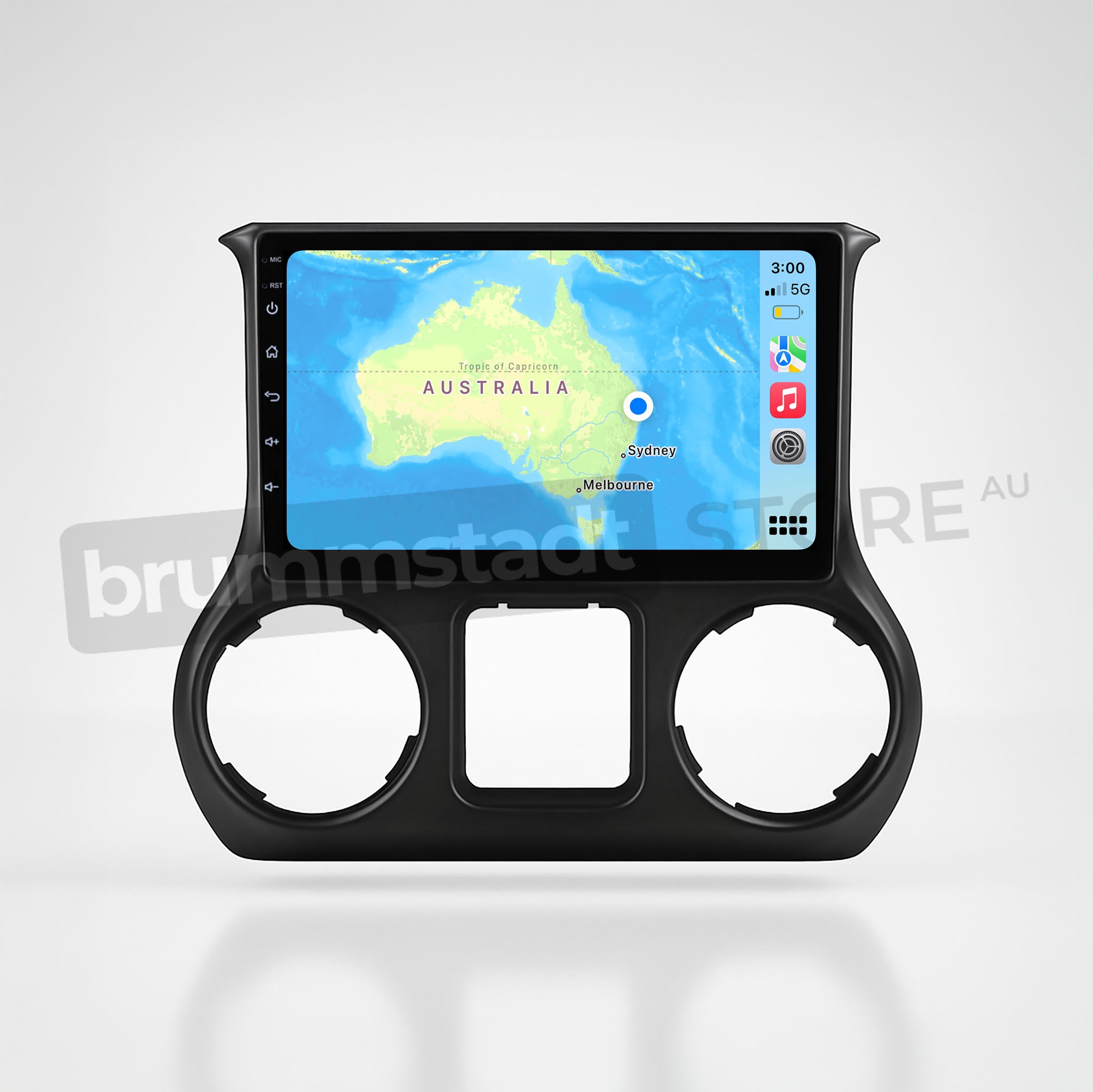Brummstadt, Jeep Wrangler 2015-2019, Jeep Wrangler head unit displaying Apple CarPlay interface, featuring a large map of Australia with a location pin on Sydney, time 3:00, 5G network signal, and battery status. The interface includes navigation app with search bar, clear visual of road networks, and user-friendly layout. Ideal for drivers seeking seamless integration of smartphone functionalities with vehicle infotainment system.