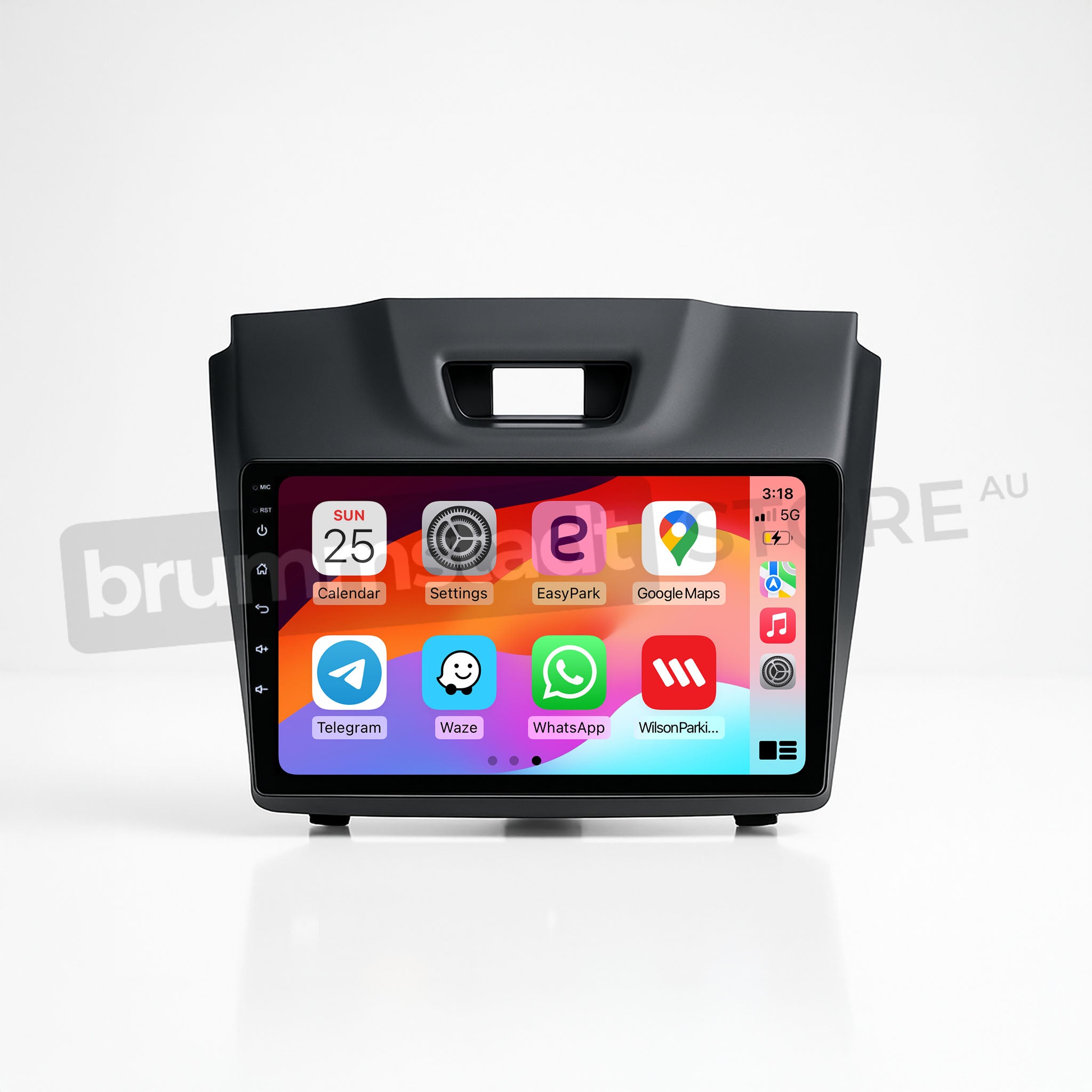 Brummstadt, Isuzu D-Max 2012-2020, featuring Apple CarPlay interface, Isuzu D-Max 2012-2020, vibrant display with apps like Calendar, Settings, EasyPark, Google Maps, Telegram, Waze, WhatsApp, Viber, and music player icon, time displayed as 3:18, date as Sunday 25, sleek design with intuitive layout, enhancing user experience with seamless connectivity and navigation features.