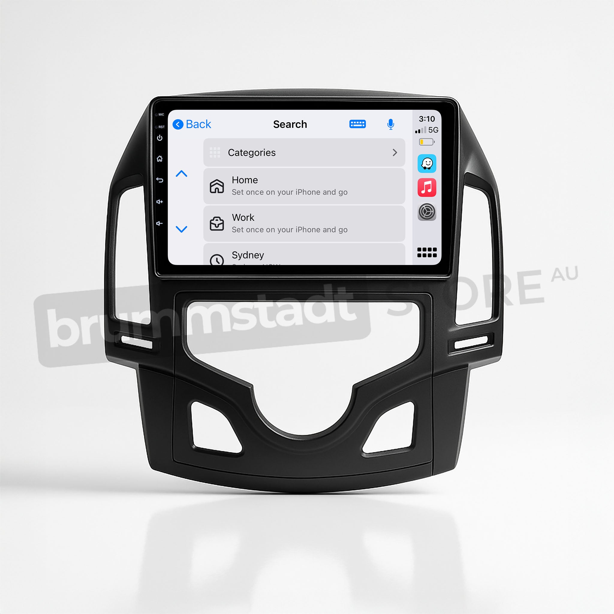 Brummstadt, Hyundai i30 2007-2012, Hyundai i30 2007-2012, head unit featuring Apple CarPlay interface, visible apps include Home, Work, and Sydney, top status bar shows time 3:10, 5G network signal, and battery level, sleek black frame design, user-friendly interface, perfect for enhancing driving experience with seamless smartphone integration, Brummstadt.