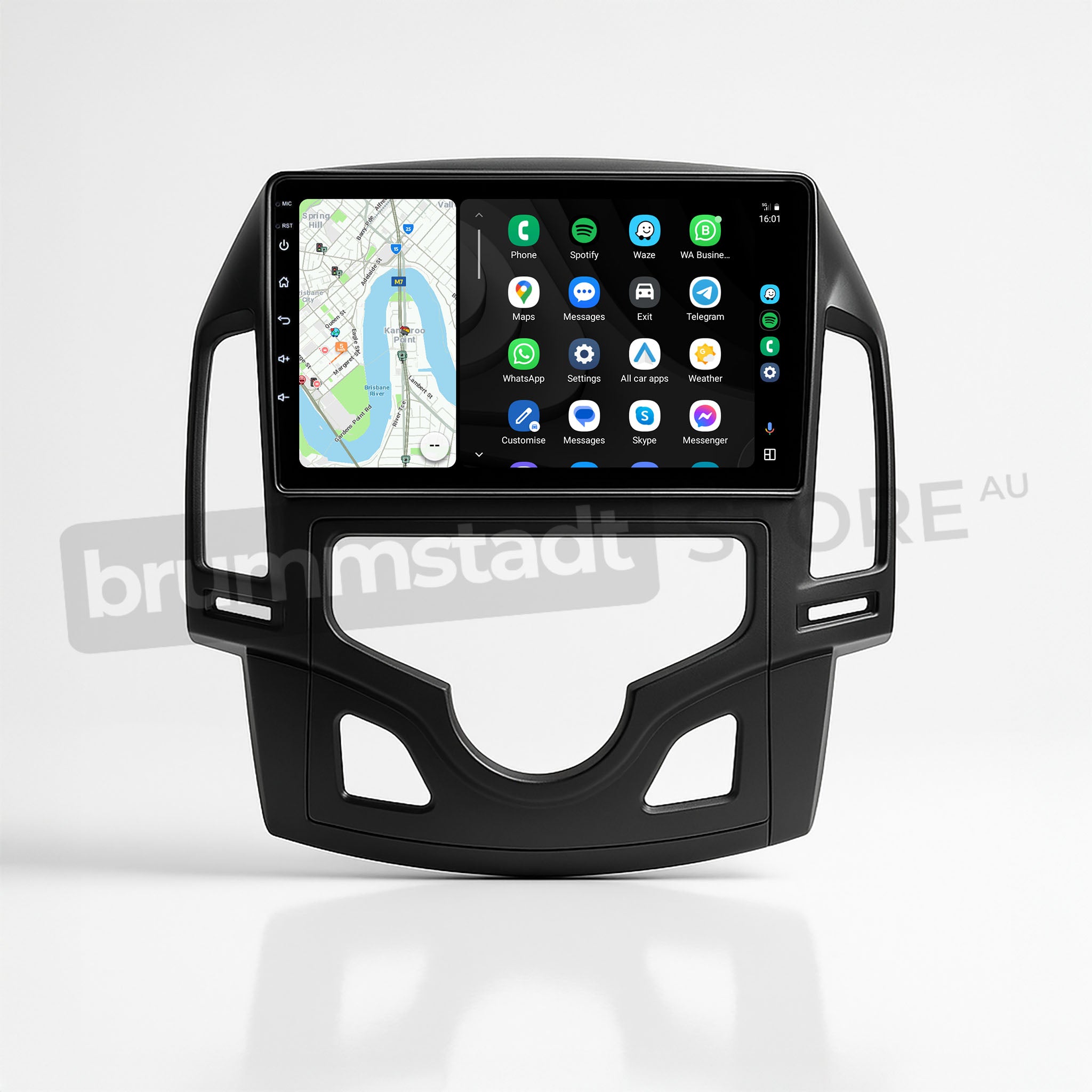 Brummstadt, Hyundai i30 2007-2012, premium head unit upgrade kit featuring Apple CarPlay, Hyundai i30 2007-2012, displaying a map with a route, apps like Spotify, WhatsApp, and Google Maps visible, icons for phone, messages, and music, clear layout with intuitive navigation, user-friendly interface, time and notifications displayed, sleek design enhancing dashboard aesthetics, perfect for tech-savvy drivers seeking connectivity.