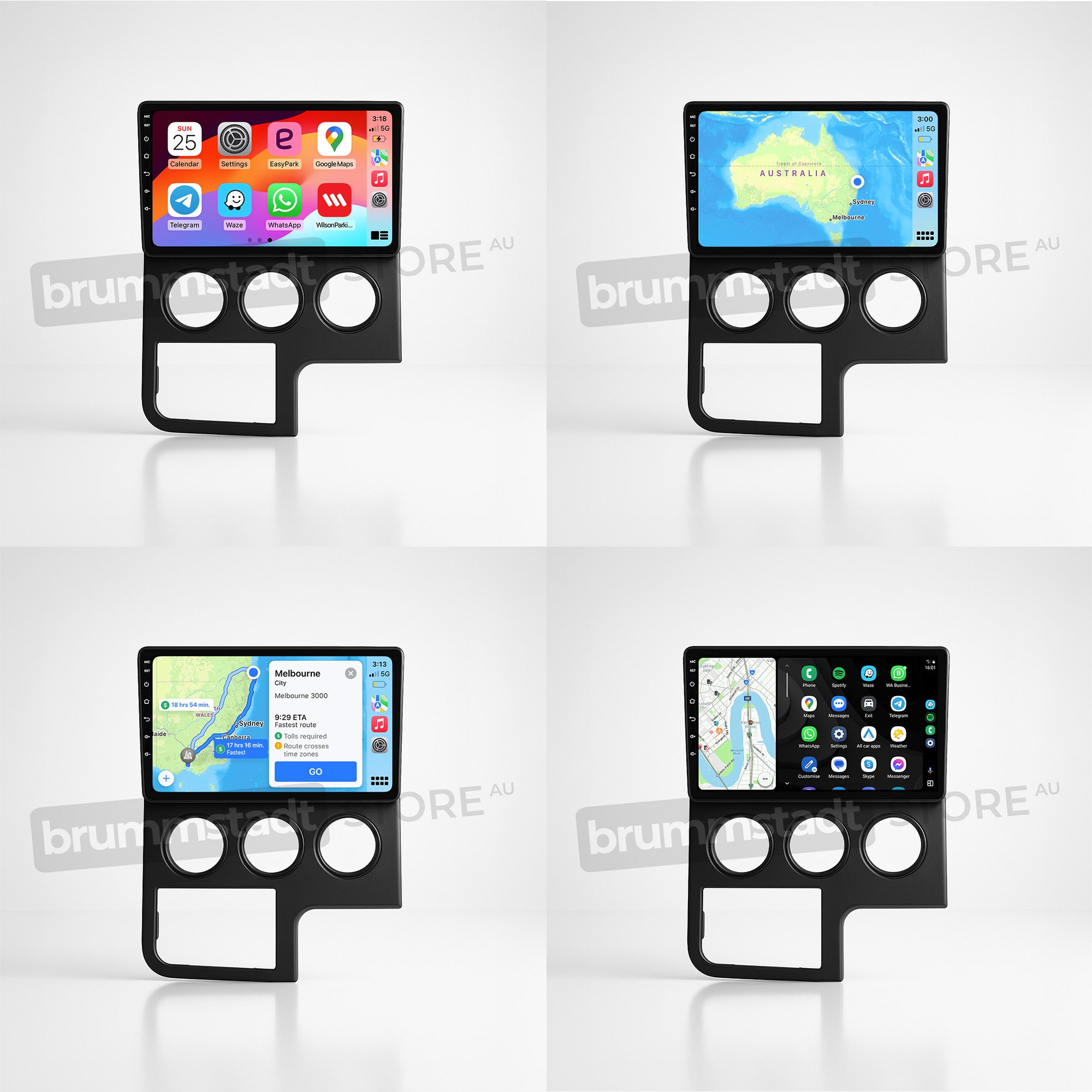 Brummstadt, Toyota HiAce 2019-2025, premium head unit displaying Apple CarPlay interface, Toyota HiAce 2019-2025, showcasing apps like Maps, Spotify, WhatsApp, and Phone. Clear layout with large app icons, navigation map, and route details visible. Notable features include wireless connectivity, intuitive touch controls, and seamless integration with vehicle's dashboard.