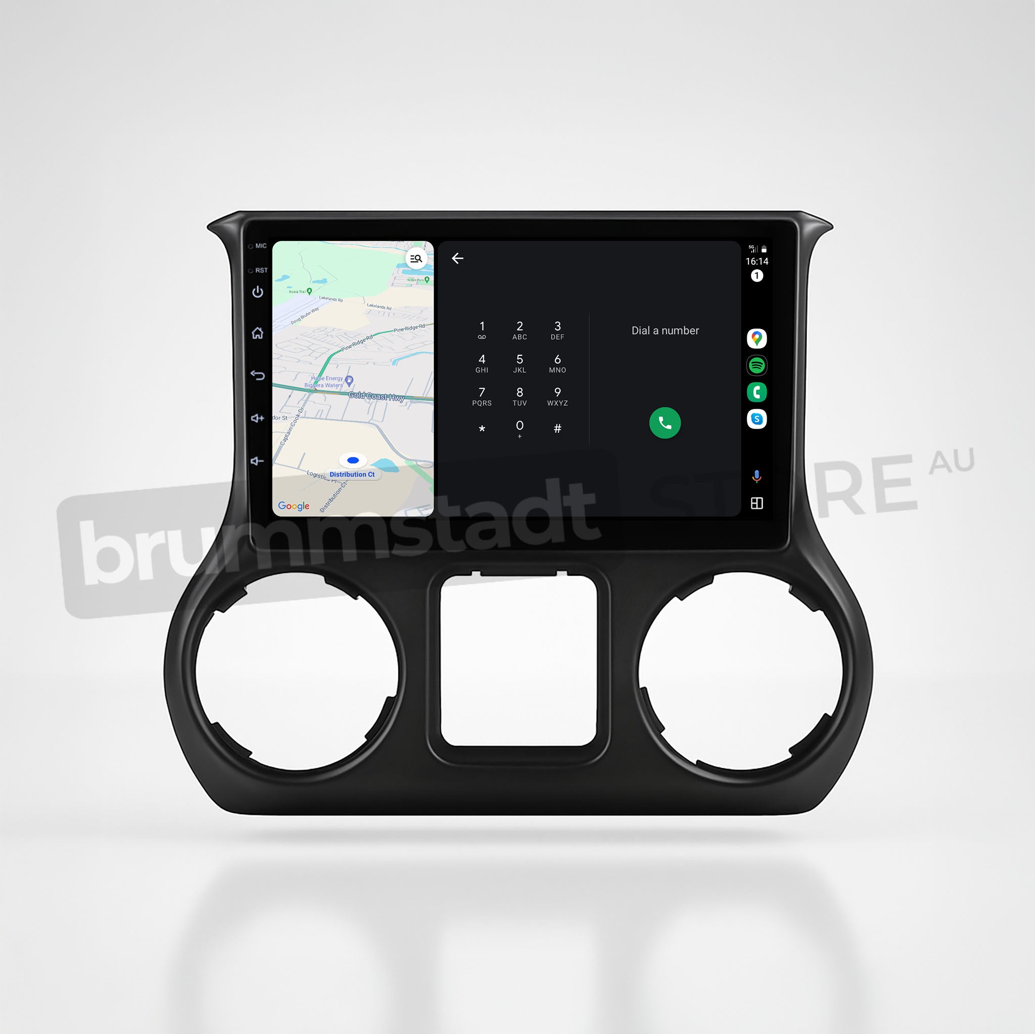 Brummstadt, Jeep Wrangler 2015-2019, premium head unit upgrade kit, showcasing Apple CarPlay interface, Jeep Wrangler 2015-2019, featuring Google Maps navigation on the left, phone dialer on the right, clear touchscreen display, sleek black bezel, dual circular air vent cutouts, designed for seamless integration, user-friendly interface, enhancing driving experience with modern connectivity, ideal for tech-savvy drivers.