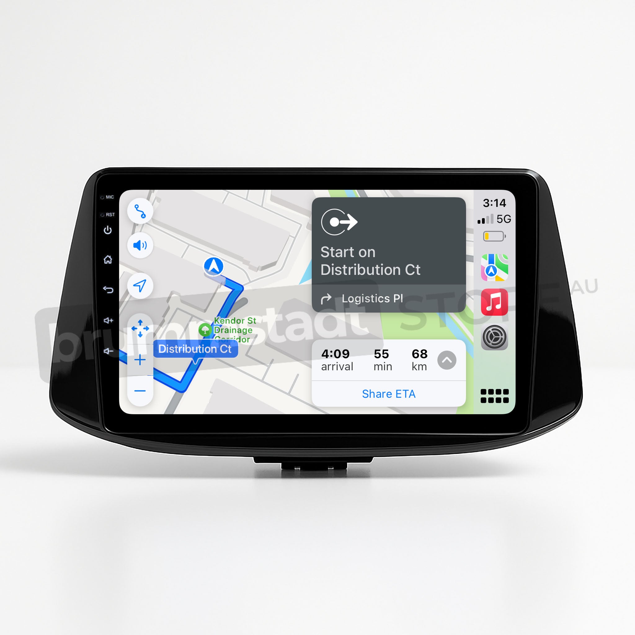 Brummstadt, Hyundai i30 2017-2022, Apple CarPlay interface, Hyundai i30 2017-2022, displaying navigation with map view, route details, and estimated time of arrival. Visible apps include Maps, Phone, and Music. Screen shows time as 3:14, with clear icons for signal strength and battery level. User-friendly layout with touch-responsive interface, enhancing driving experience with seamless connectivity and real-time updates.