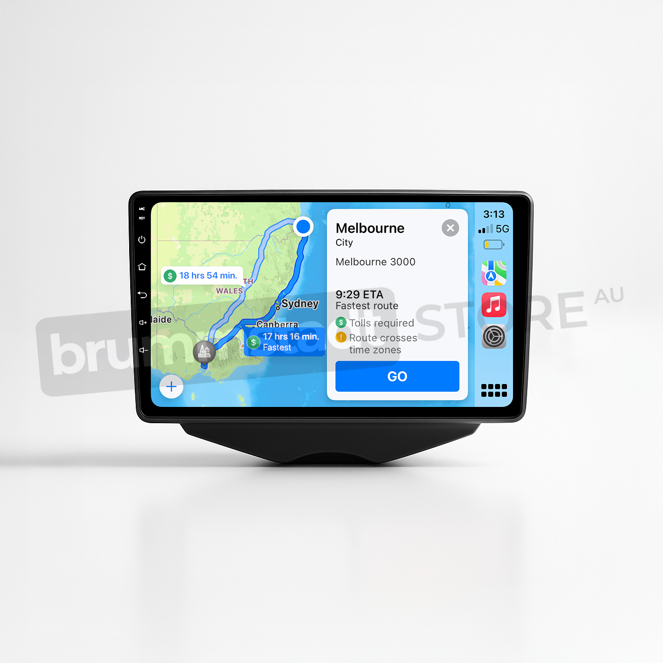 Brummstadt head unit for Hyundai Veloster 2011-2017, black frame with a touchscreen interface, Apple CarPlay activated displaying Google Maps with routing information, including travel time to Melbourne and alerts for tolls, enhancing navigation capabilities in Hyundai Veloster vehicles.