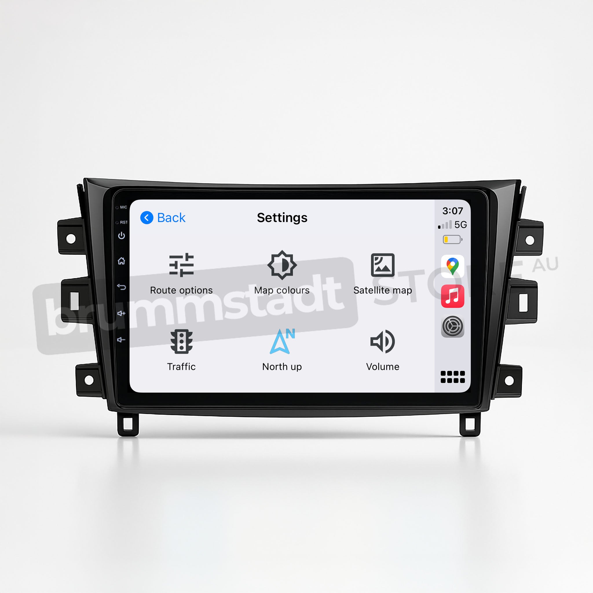 Brummstadt, Nissan Navara 2015, Nissan Navara 2015, Apple CarPlay interface, central display showing settings menu with options like route options, map colors, satellite map, traffic, north up, and volume, icons for back, home, and settings visible, top right corner displays time, battery status, and network signal, user-friendly layout, premium infotainment system, Brummstadt.