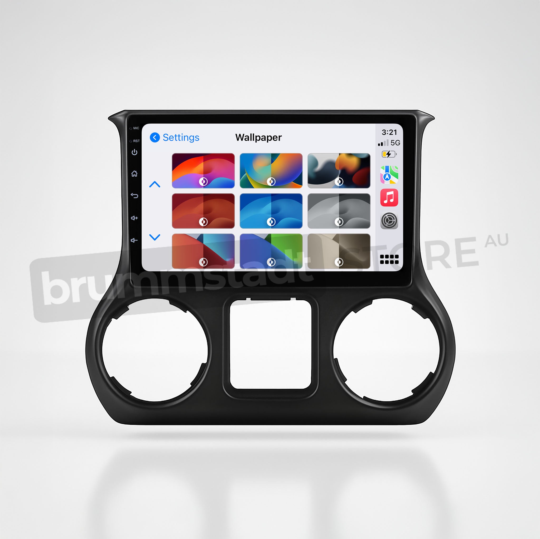 Brummstadt, Jeep Wrangler 2015-2019, premium head unit upgrade kit showcasing Apple CarPlay interface, Jeep Wrangler 2015-2019, featuring a vibrant display with wallpaper settings, visible icons for settings and customization, time displayed as 3:21, full network signal, and battery status at 50%, emphasizing user-friendly interface and seamless integration with Apple CarPlay for enhanced driving experience.