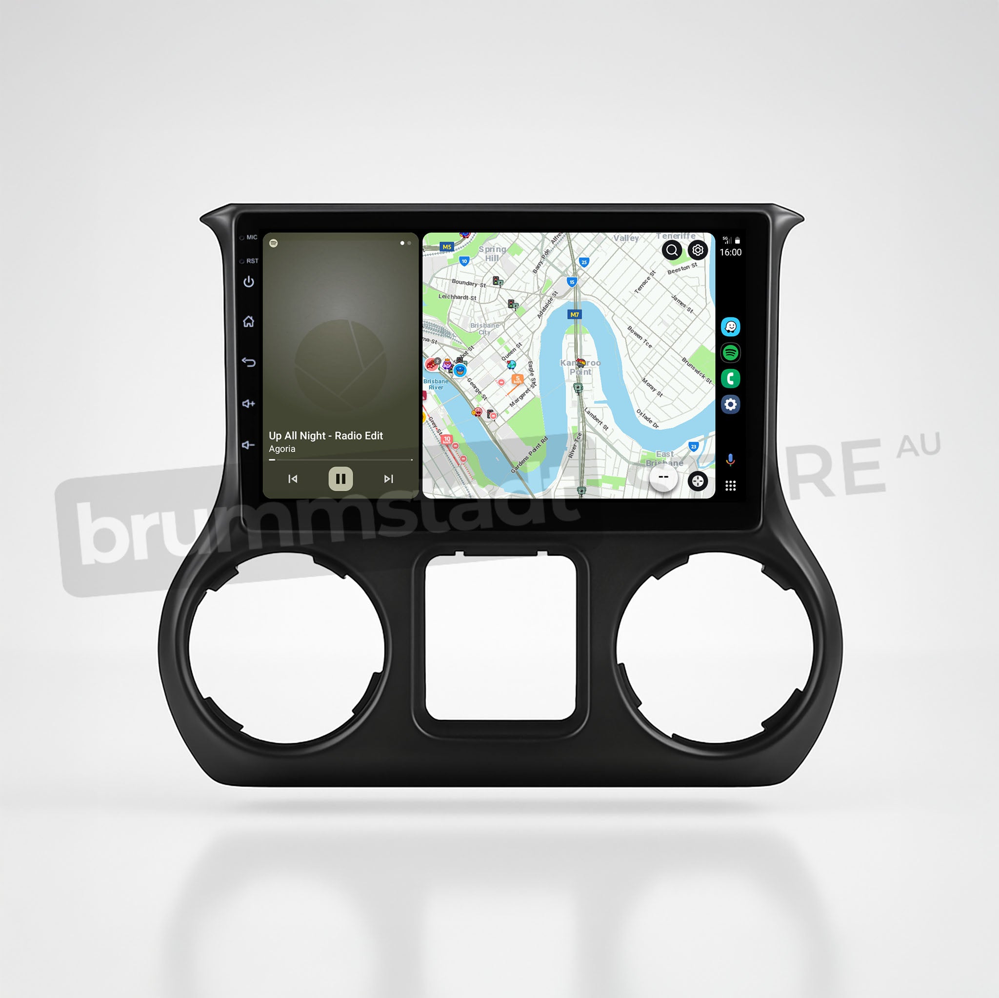 Brummstadt, Jeep Wrangler 2015-2019, premium head unit upgrade kit, featuring a large touchscreen displaying Apple CarPlay interface with Maps app showing a city navigation route, music app playing "All Night - Radio Edit" by Agoria, and phone connectivity icons. The interface includes clear app icons, a user-friendly layout, and seamless integration for enhanced driving experience. Jeep Wrangler 2015-2019, Apple CarPlay, Brummstadt.