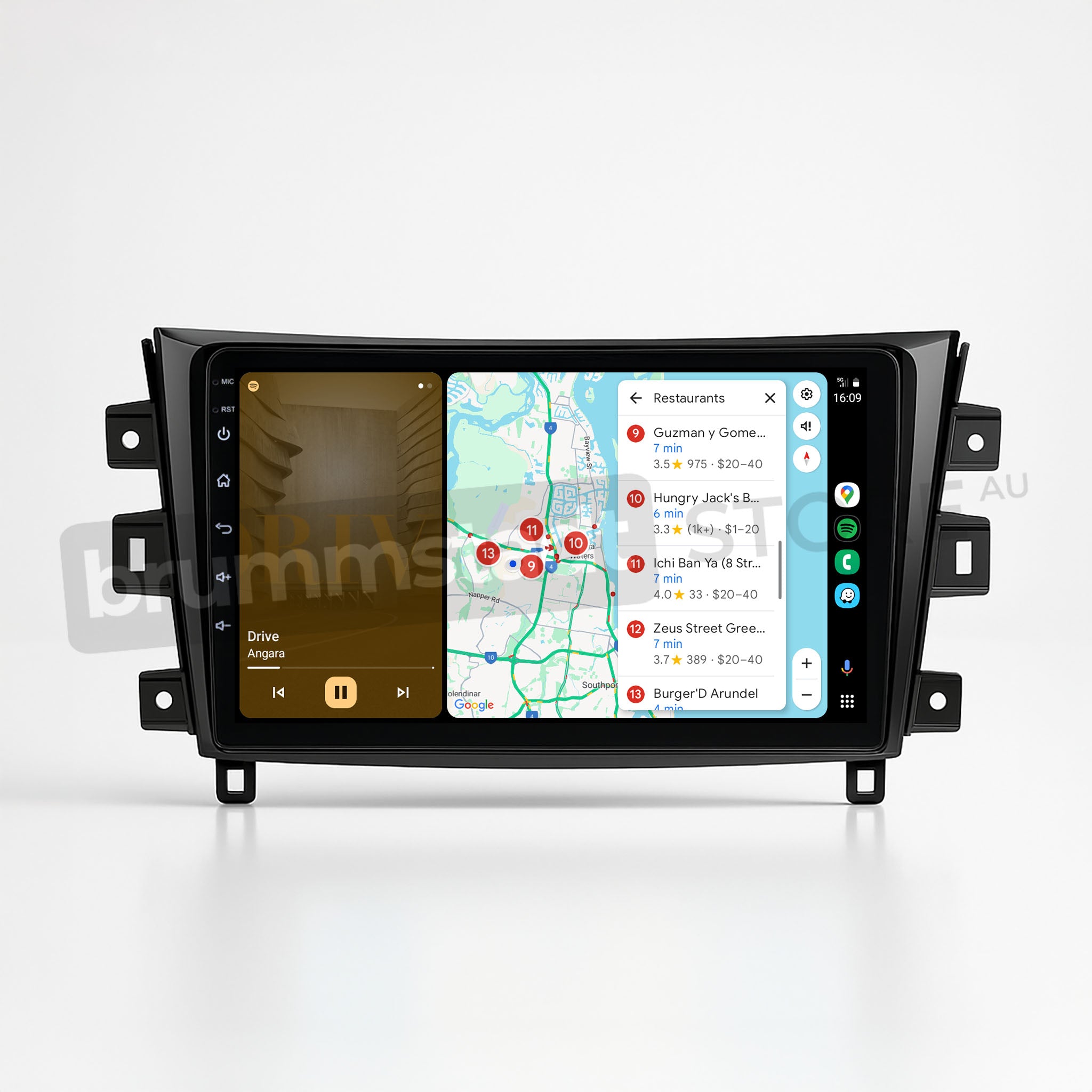 Brummstadt, Nissan Navara 2015-2020, showcasing Apple CarPlay interface, Nissan Navara 2015-2020, featuring split-screen display with Maps and Spotify apps, visible restaurant search results, navigation map, music playback controls, time displayed as 16:09, clear layout with app icons, user-friendly interface, enhancing driving experience with seamless smartphone integration, premium infotainment system.