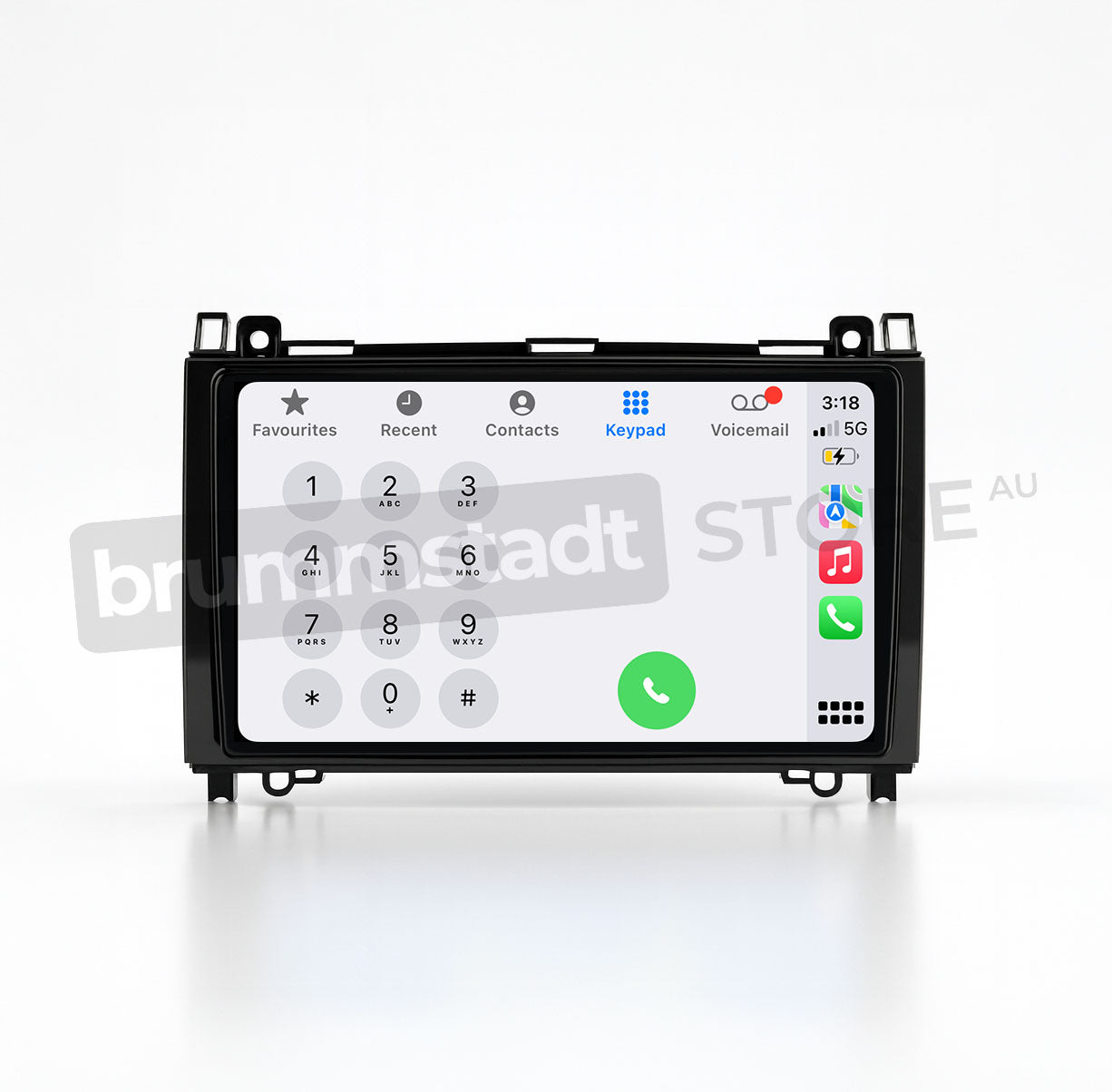 Brummstadt, Mercedes Benz Sprinter 2007-2018, premium head unit upgrade kit featuring Apple CarPlay, Mercedes Benz Sprinter 2007-2018, displaying phone keypad interface, icons for favourites, recent, contacts, voicemail, visible time 3:18, full battery, 5G network, clear layout, user-friendly design, seamless integration, enhancing driving experience with modern connectivity.