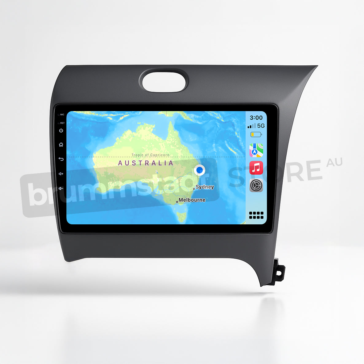 Brummstadt, Kia Cerato 2013-2018, premium head unit featuring Apple CarPlay, displaying a map of Australia with Sydney highlighted, time 3:00, 5G network, Wi-Fi signal, battery status, and app icons visible. Kia Cerato 2013-2018 infotainment system, sleek design, user-friendly interface, enhancing driving experience with seamless smartphone integration, navigation, and media access.