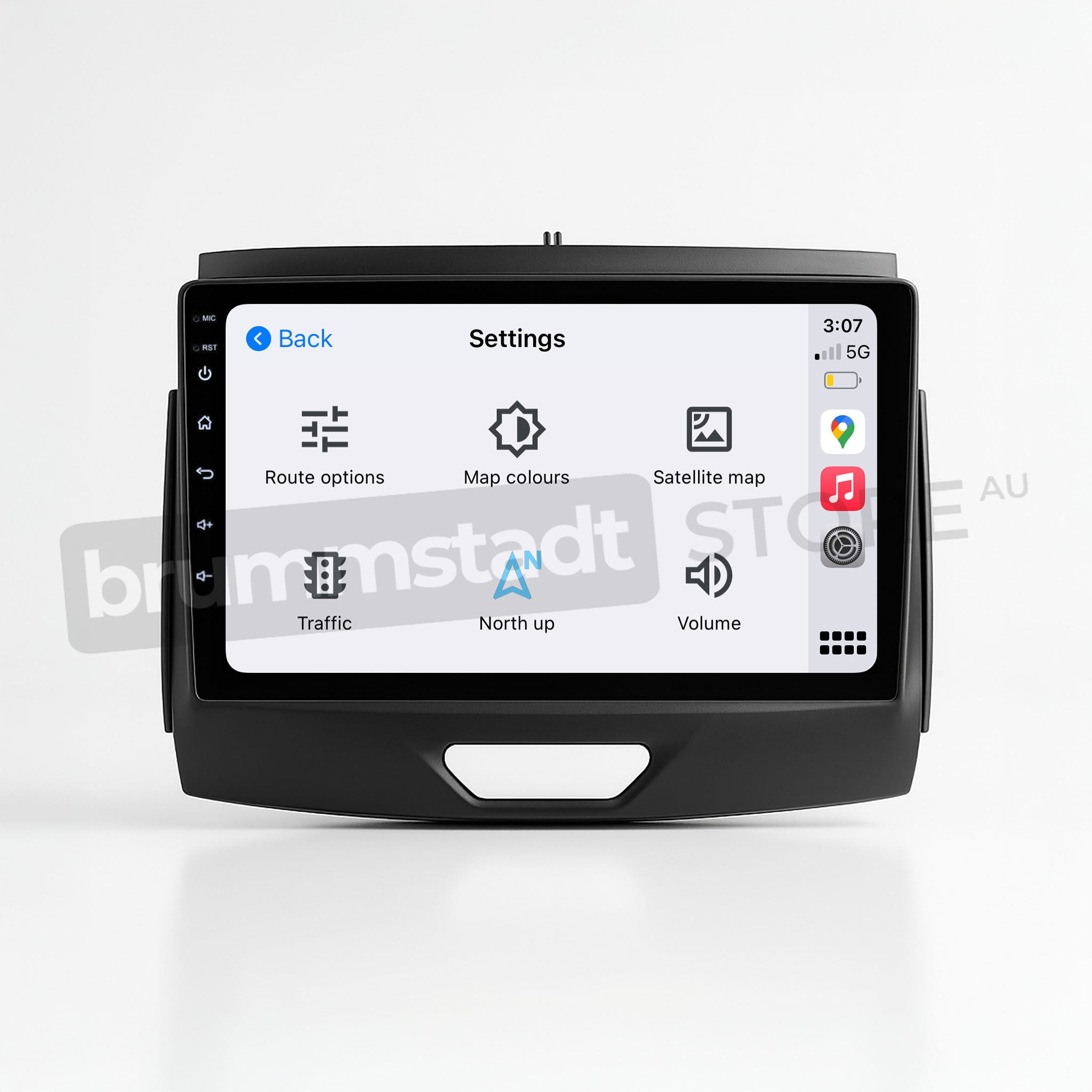 Brummstadt, Ford Ranger 2015-2022, premium head unit displaying Apple CarPlay interface, Ford Ranger 2015-2022, featuring settings menu with options like route options, map colours, satellite map, traffic, north up, and volume. Top-right corner shows time 3:01, 5G network signal, and battery status. Central navigation icon highlighted, sleek design with user-friendly interface, enhancing driving experience.