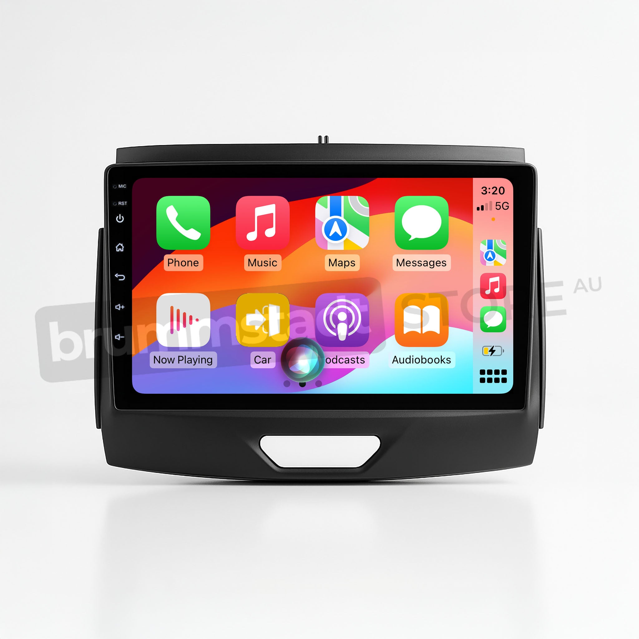 Brummstadt, Ford Ranger 2015-2022, showcasing Apple CarPlay interface, Ford Ranger 2015-2022, featuring vibrant display with apps like Phone, Music, Maps, Messages, Now Playing, Podcasts, Audiobooks. Prominent app icons on home screen, clear layout, signal strength, time, and battery status visible. User-friendly interface, seamless integration with iOS devices, enhancing driving experience with intuitive navigation and media control.