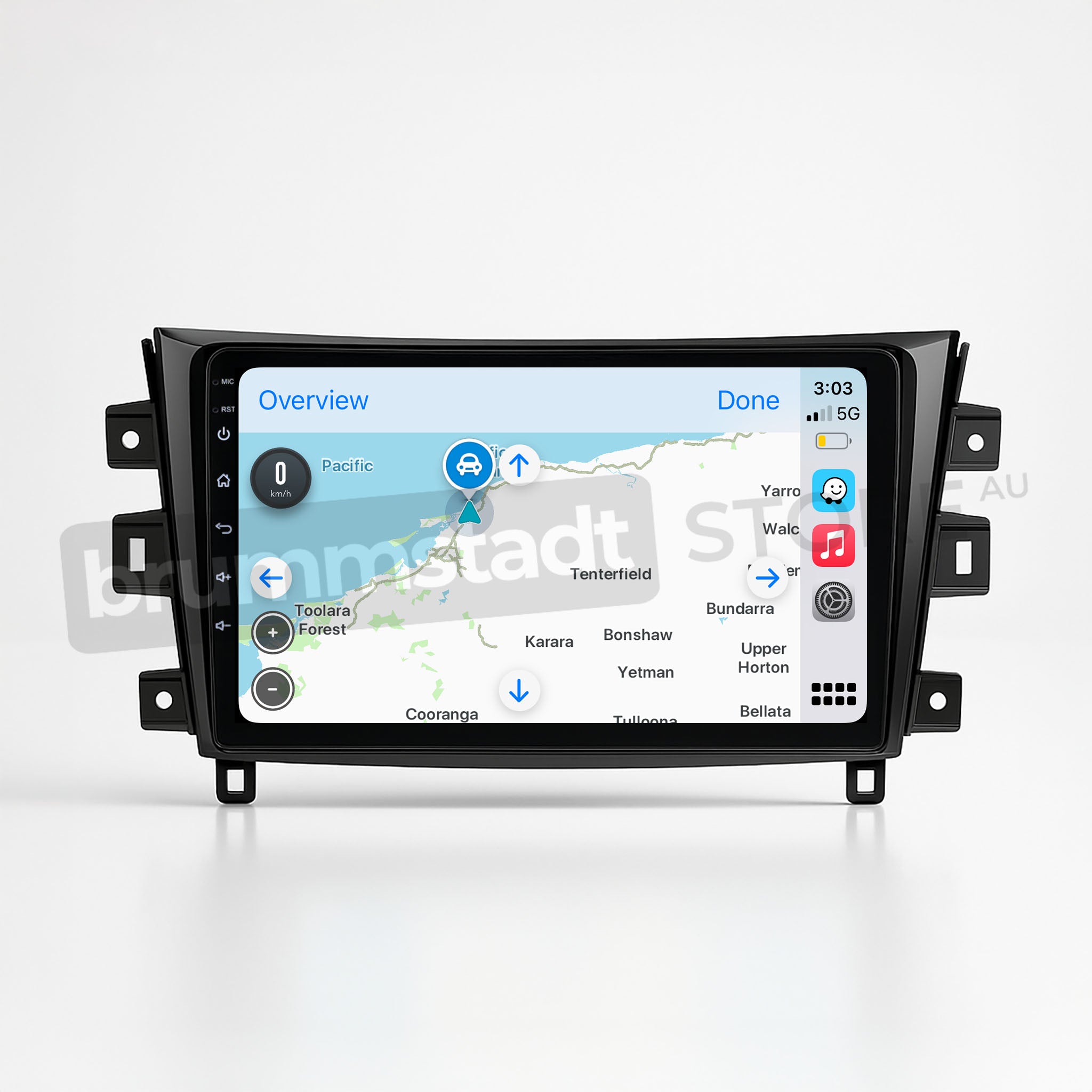 Brummstadt, Nissan Navara 2015, Apple CarPlay interface, Nissan Navara 2015, displaying navigation map with route overview, time 3:03, 5G network signal, battery status, app icons for Maps, Phone, Music, Messages, Settings, and Podcasts, sleek design with touch controls, ideal for seamless connectivity and enhanced driving experience, Brummstadt premium head unit upgrade.
