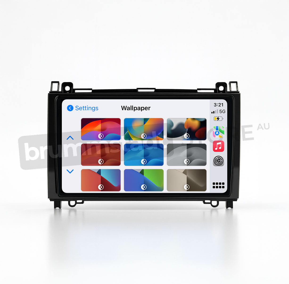 Brummstadt, Mercedes Benz Sprinter 2007-2018, featuring Apple CarPlay interface, Mercedes Benz Sprinter, displaying wallpaper settings with various color options, time 3:21, 5G network signal, battery icon, and app icons including Phone, Music, Maps, Messages, and Settings. User-friendly interface with clear icons, enhancing driving experience with seamless smartphone integration.
