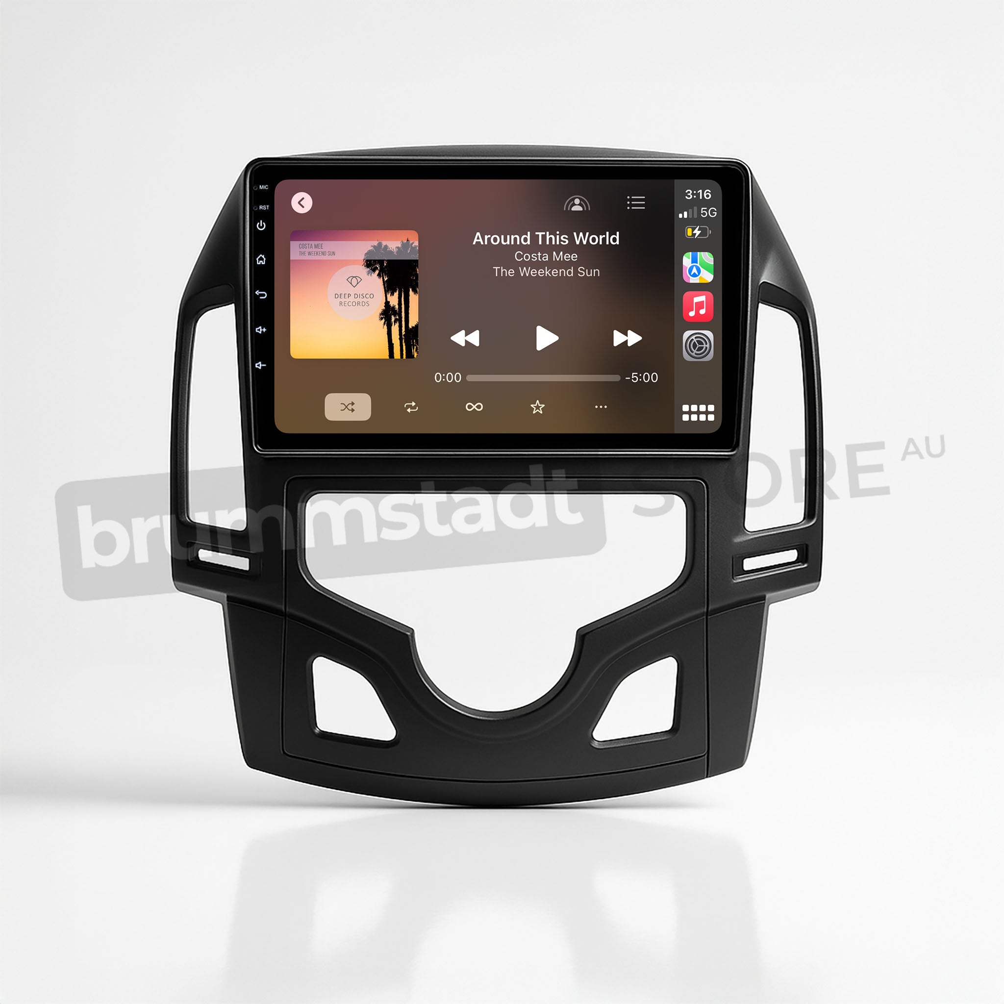 Brummstadt, Hyundai i30 2007-2012, Hyundai i30 head unit displaying Apple CarPlay interface, featuring music app with album art, song title "Around This World" by Coasts Mee, time displayed as 3:16, battery and signal strength indicators visible, sleek design with touch controls, Brummstadt branding, enhancing driving experience with seamless smartphone integration, intuitive navigation, and entertainment options.