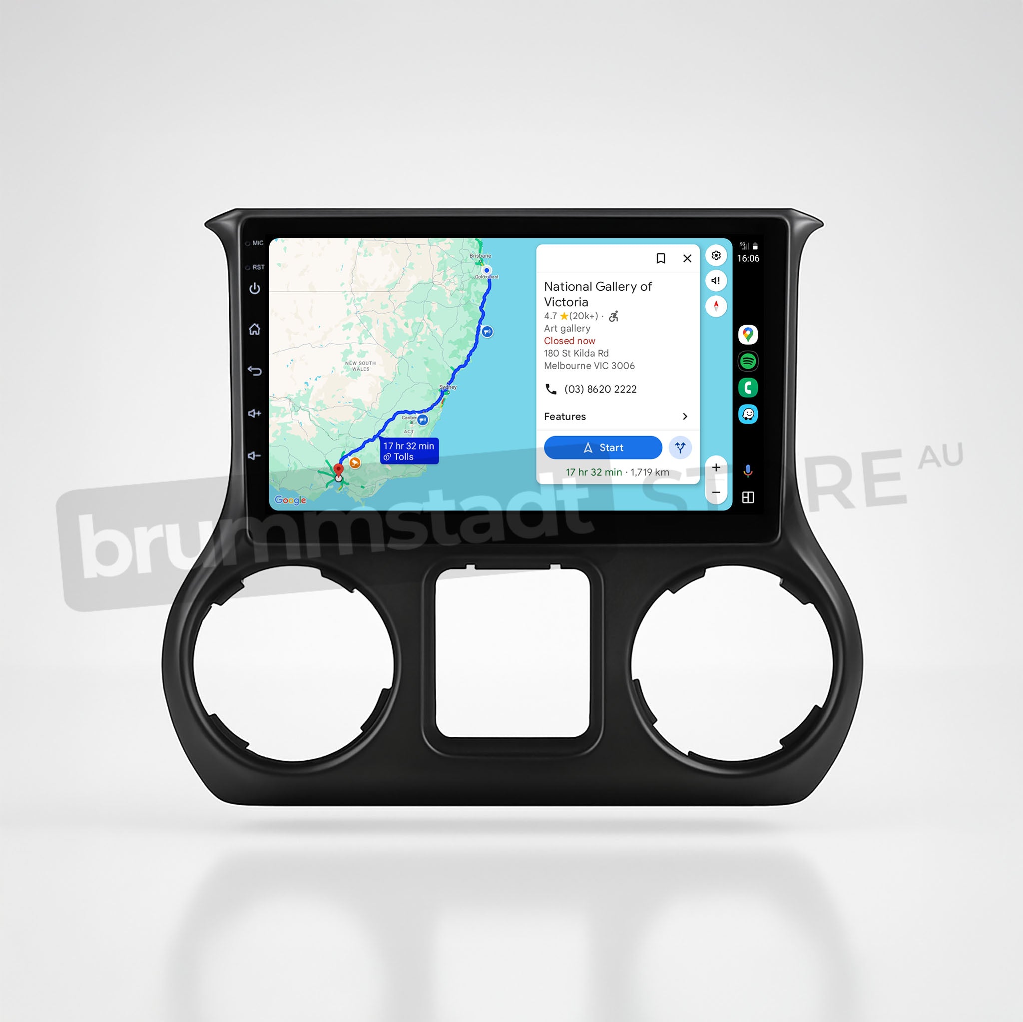 Brummstadt, Jeep Wrangler 2015-2019, Jeep Wrangler head unit displaying Apple CarPlay interface, featuring a map with route to National Gallery of Victoria, time 7:19 PM, route distance 13.2 km, estimated arrival 7:32 PM, start button, and features list. Apple CarPlay icons visible, enhancing user navigation experience with intuitive touch controls, providing seamless integration with iPhone for music, calls, and messages.